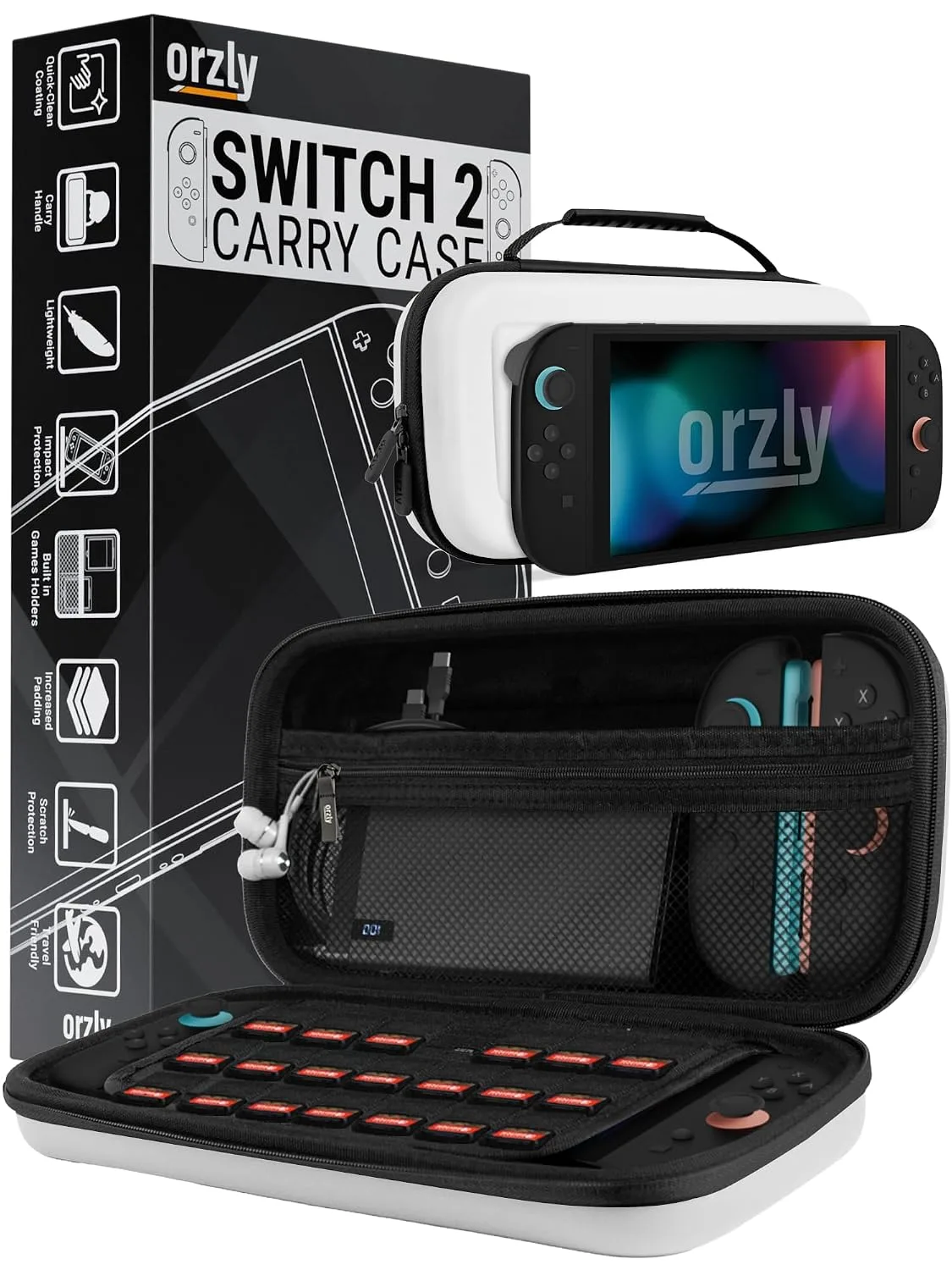 Orzly Case Compatible with Switch 2 – Protective Travel Carry Case with Screen Padding, Game Card & microSD Slots, Zipped & Open Pockets for Accessories – 7.9" Gift Boxed