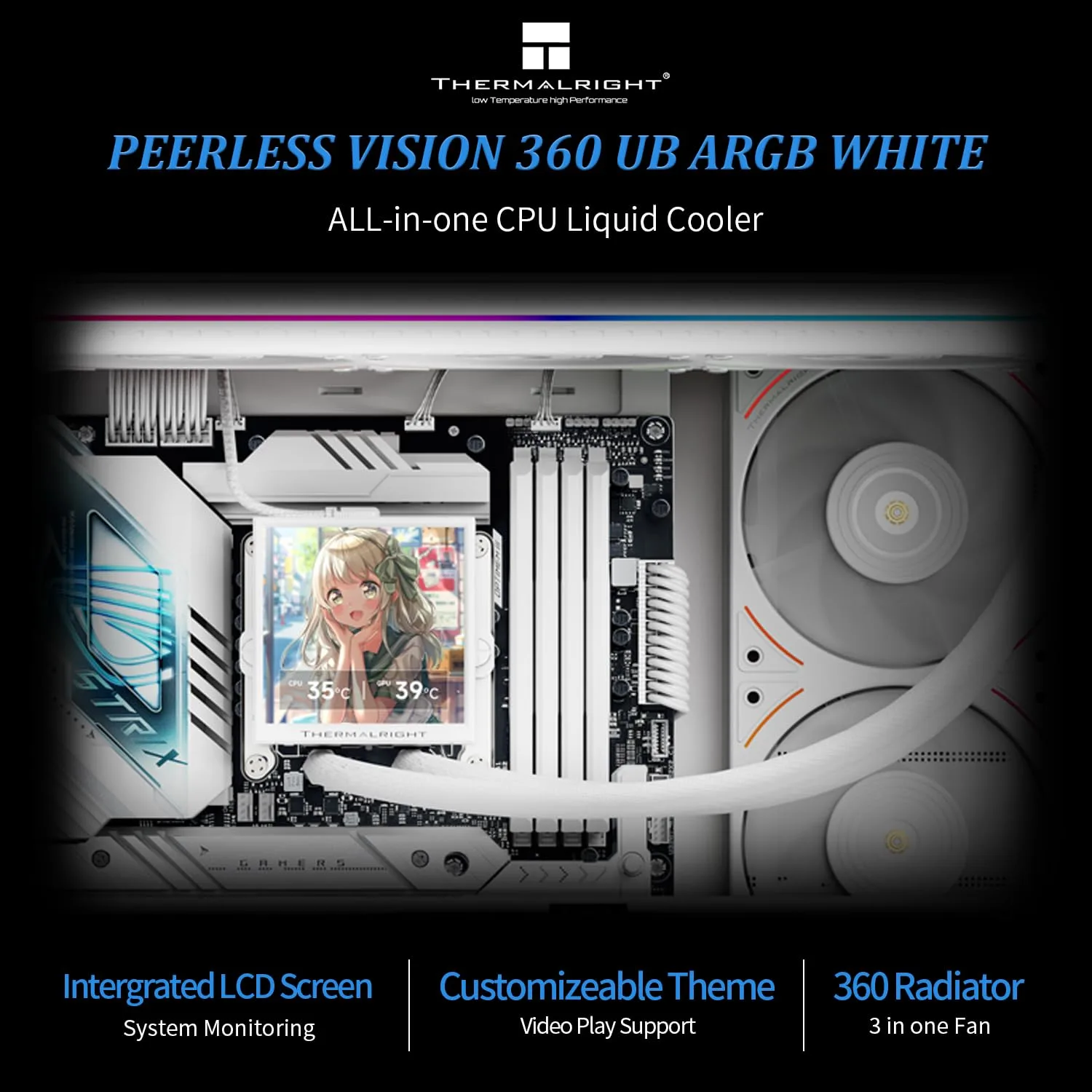 Thermalrlght Peerless Vision 360 UB ARGB White CPU Aio Cooler,PC 360 Specification Water Cooler System with Inline PC Fans,3.95’’IPS LCD Screen with 480x480 Resolution,for AM4/AM5;Intel 1700/1851