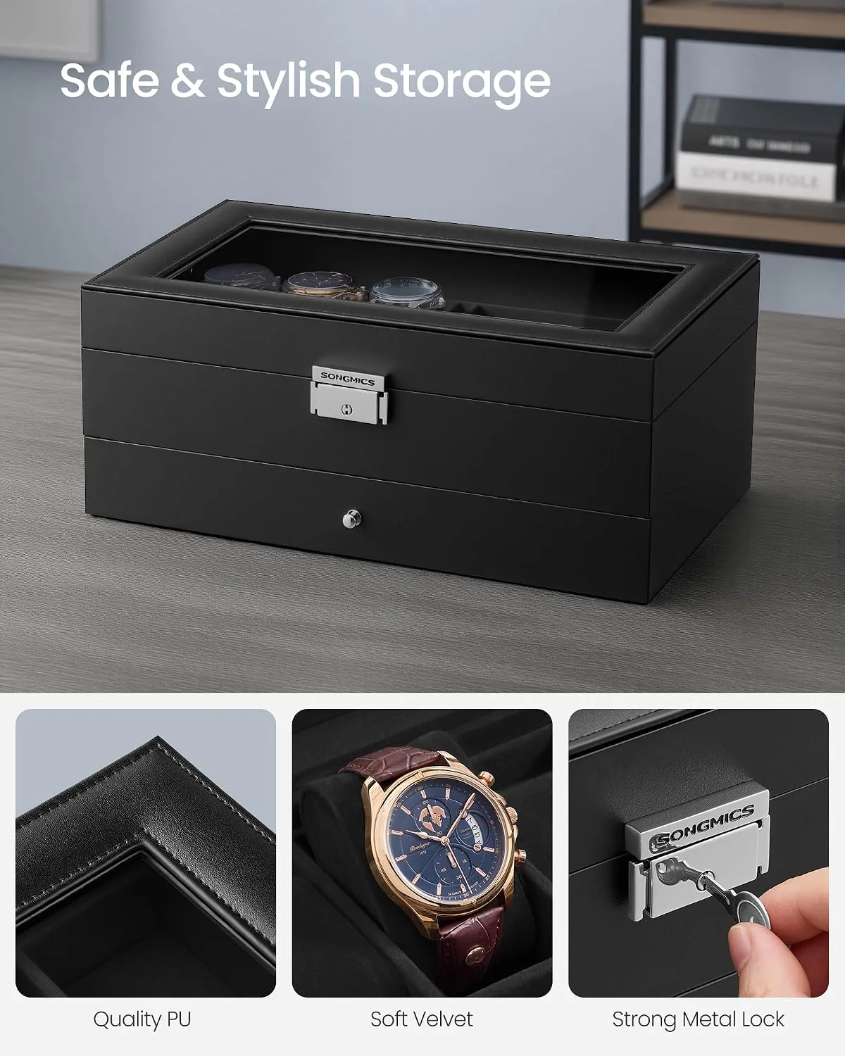 SONGMICS Watch Box for Men, 2-Tier Case with 6 Slots and Glass Lid