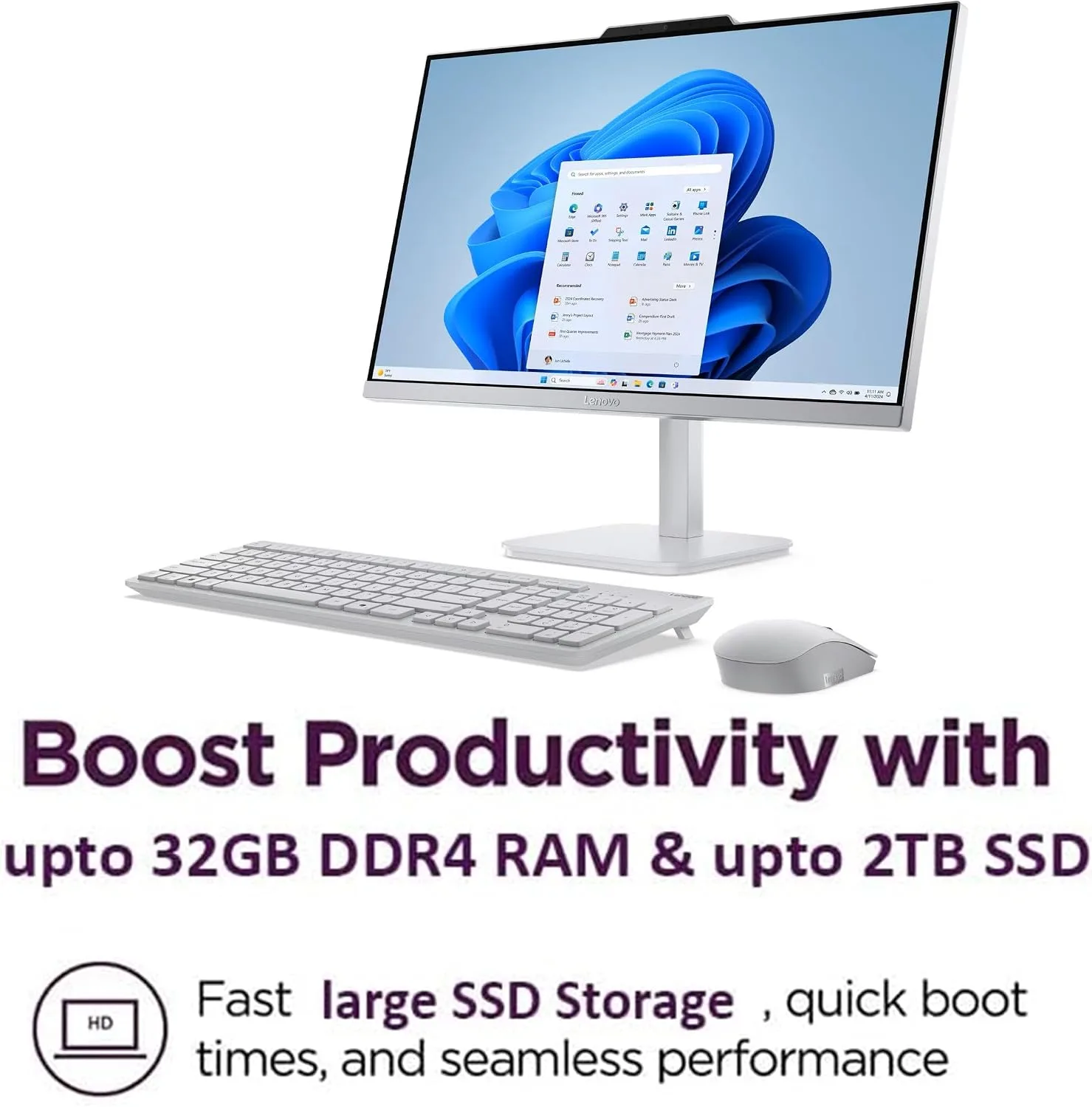 Lenovo 24" FHD All-in-One Desktop Computer for Home & Office, Intel Core i3 Processor, 32GB RAM, 2TB PCIe SSD, WiFi 6, HDMI, Bluetooth 5.2, Business AIO, Vent-Hear, Wireless KB & Mouse, Win 11 Pro