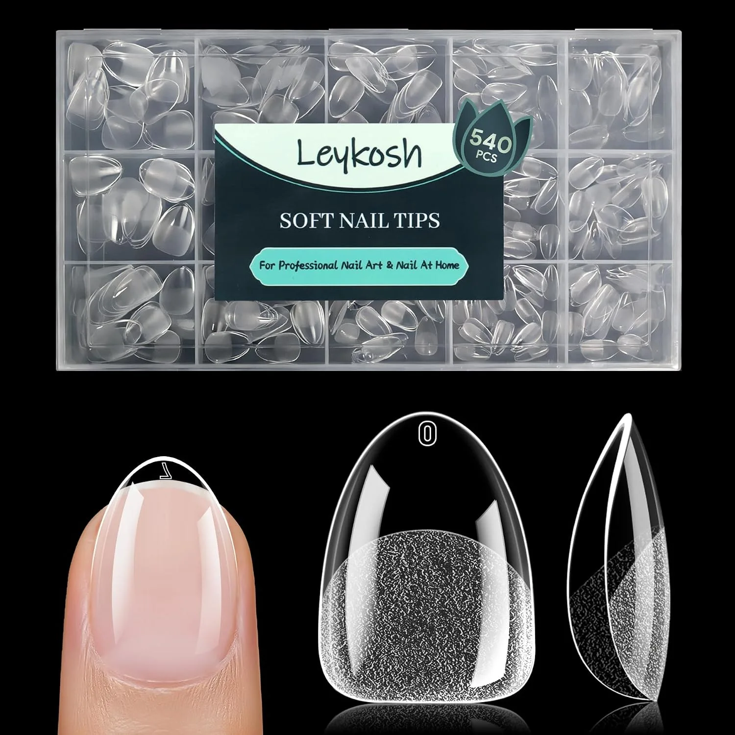 Tips para uñas Leykosh Extra Short Almond 540 unidades transparentes 15 tamaños