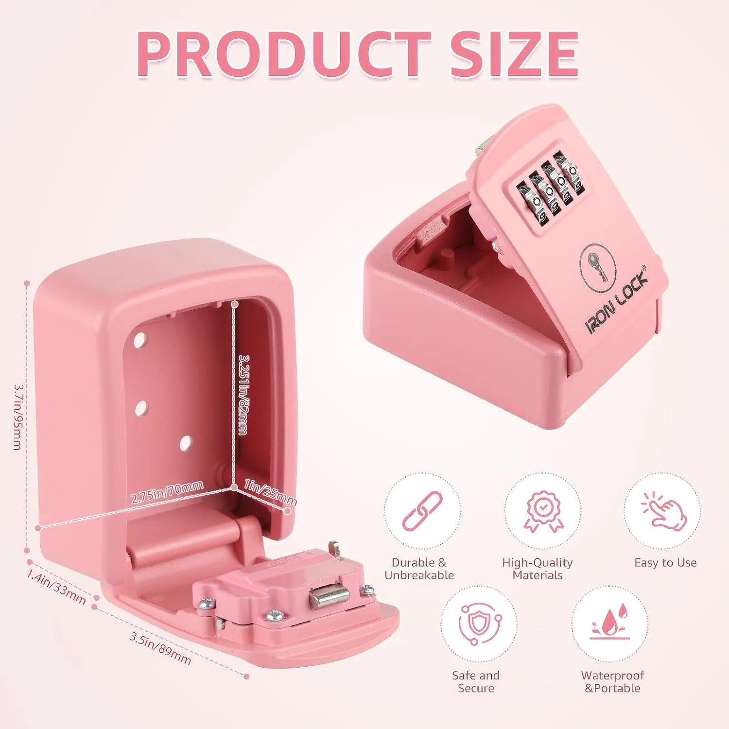 Iron Lock® Small Wall Mount Key Lock Box for Keys Outside (Pink)