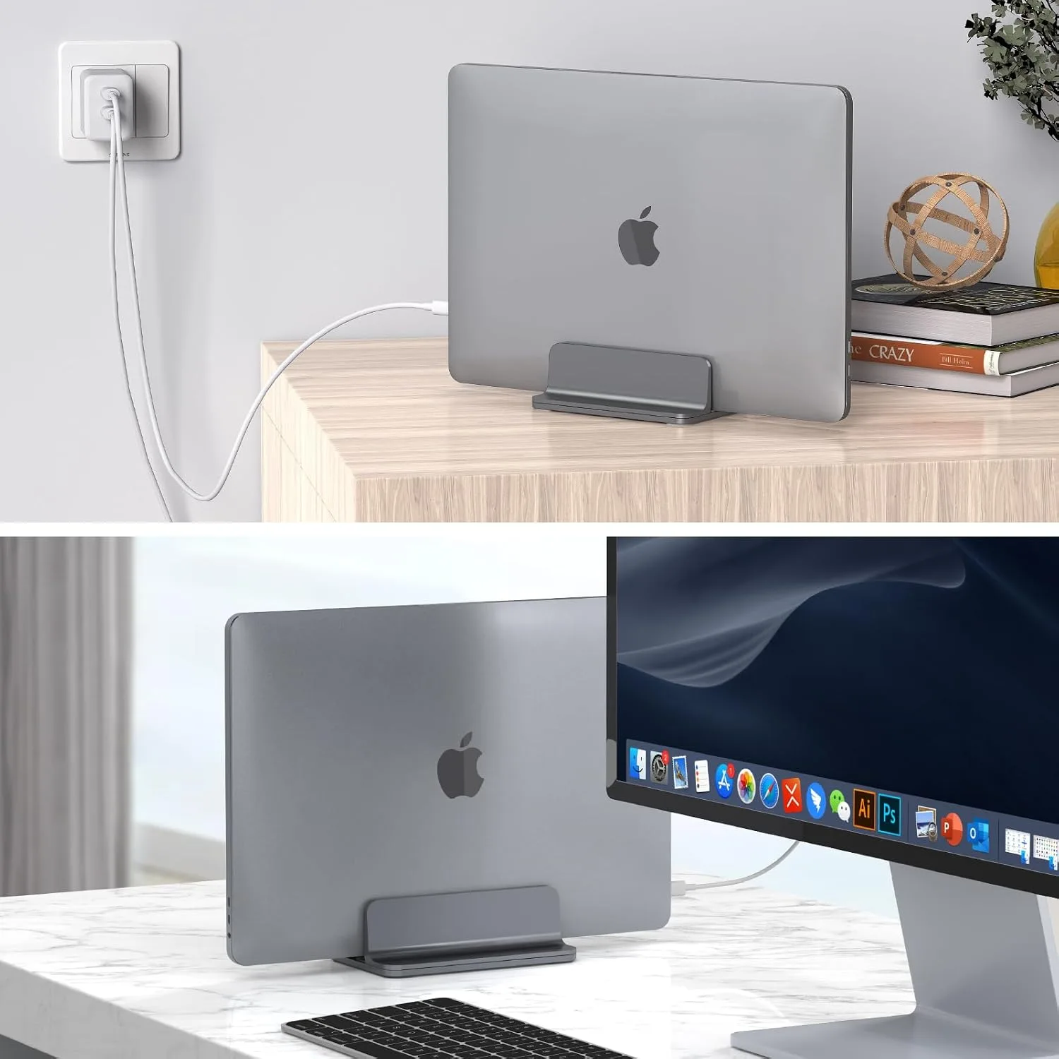 YICOSUN Aluminum Vertical Laptop Stand for Desk - Adjustable Width Dock for MacBook, Surface, Samsung, HP, Dell up to 17.3 inches - Space-Saving & Protective Design - Gray