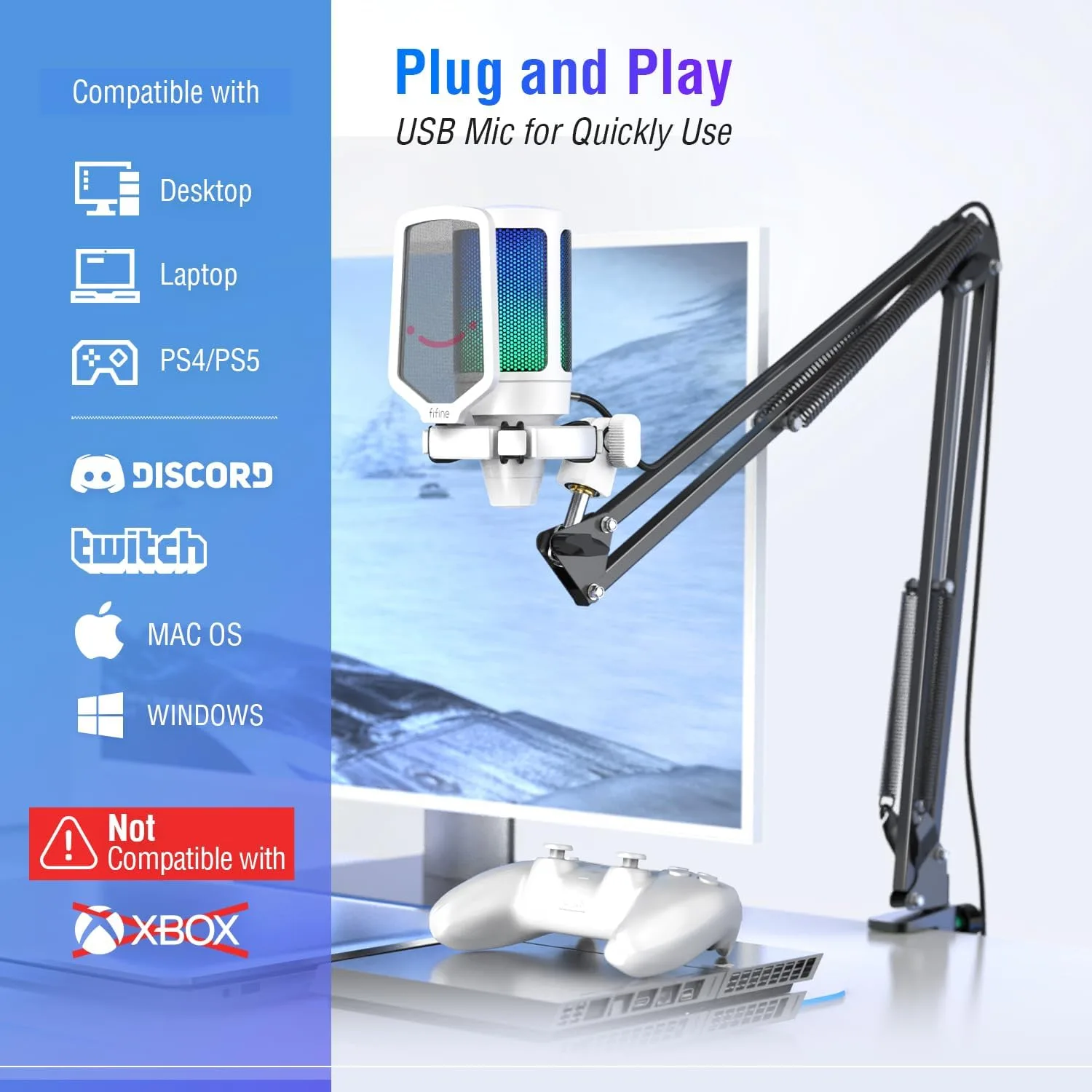 FIFINE A6TW Gaming USB Microphone Kit, RGB Condenser Mic for PC Streaming