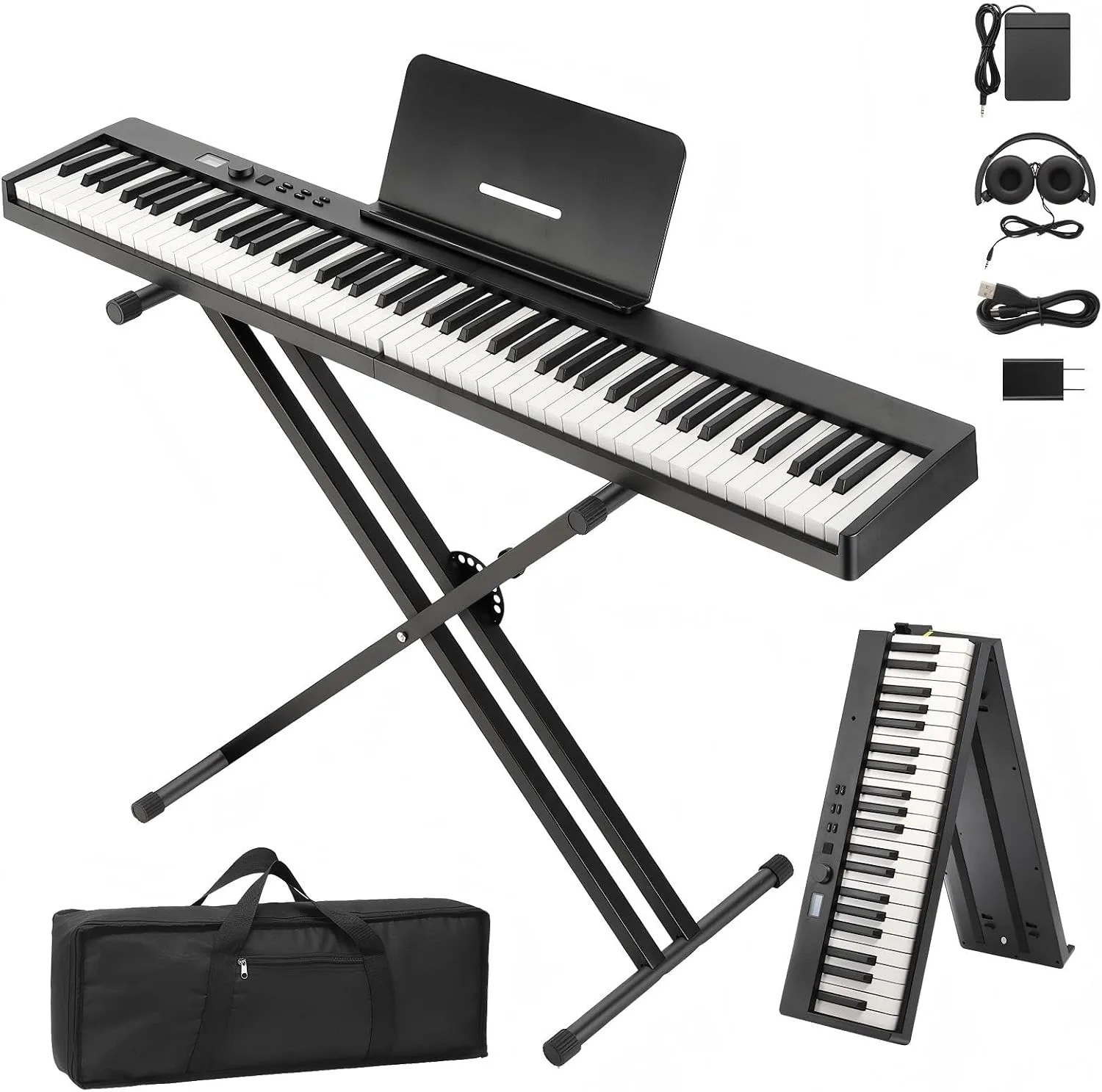 Garvee 88 Key Full-Size Semi-Weighted Electronic Keyboard Piano, Portable Folding Design with Headphones, Sustain Pedal, Stand, Power Adapter & Travel Case - Perfect for Beginners and Adult Players