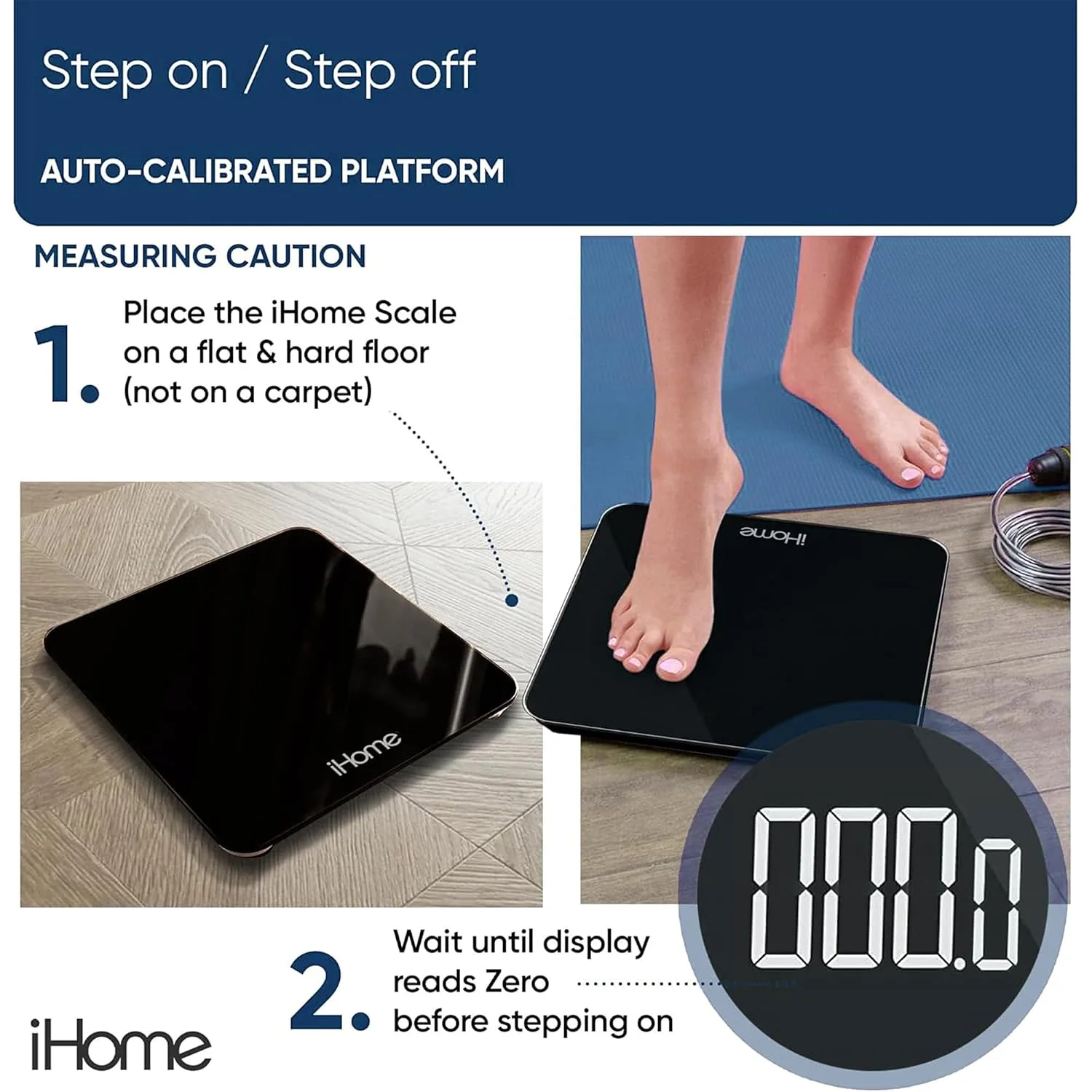 iHome Digital Scale, Bathroom Scale, Batteries Included, Scale Body Weight, Weight Scale, Bathroom Scales for Weight, Digital Scales for Body Weight (Black)