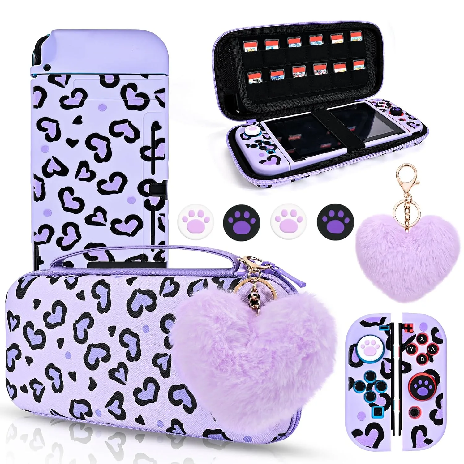 DLseego Love Heart Leopard Carrying Case for Switch 2017 Accessories Set, Portable Carrying Case with 1 Soft TPU Shell & 1PCS Plush Heart Pendant & 12 Slots & 4PCS Cat Paw Thumb Grips Caps- Purple