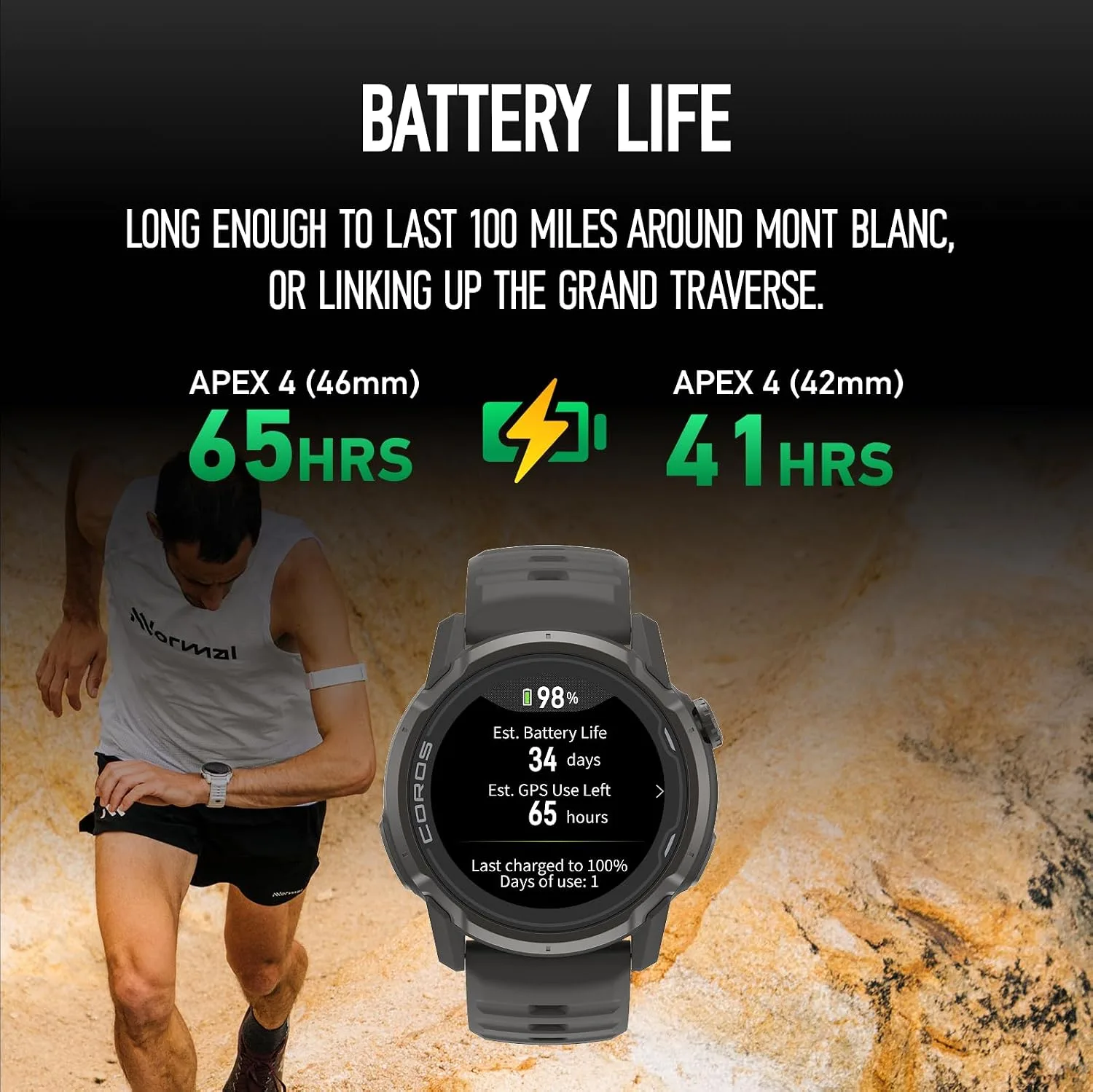 COROS APEX 4 (46mm) GPS Watch, 1.3" MIP, 41 Days Battery Life - Black