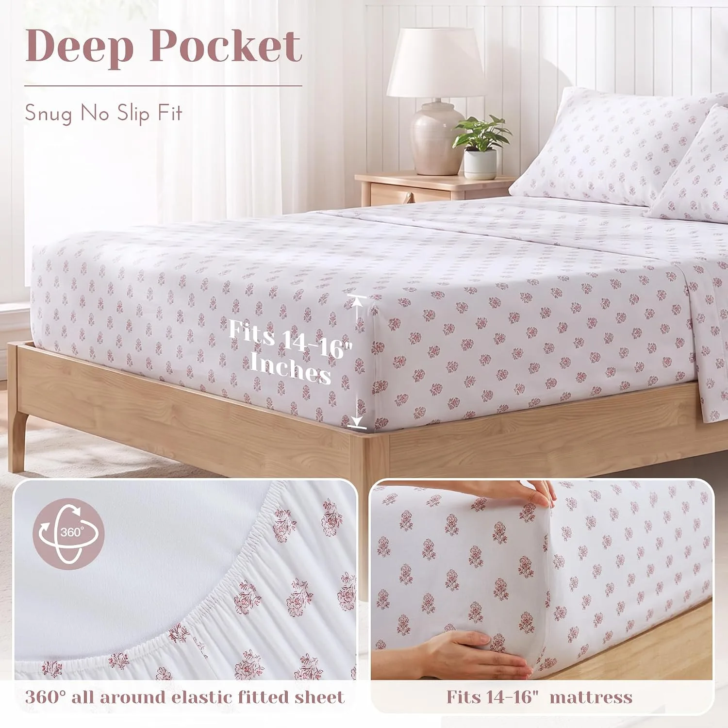 Comfort Spaces 100% Cotton Percale Sheets Queen Size 4 Piece, Floral Pink