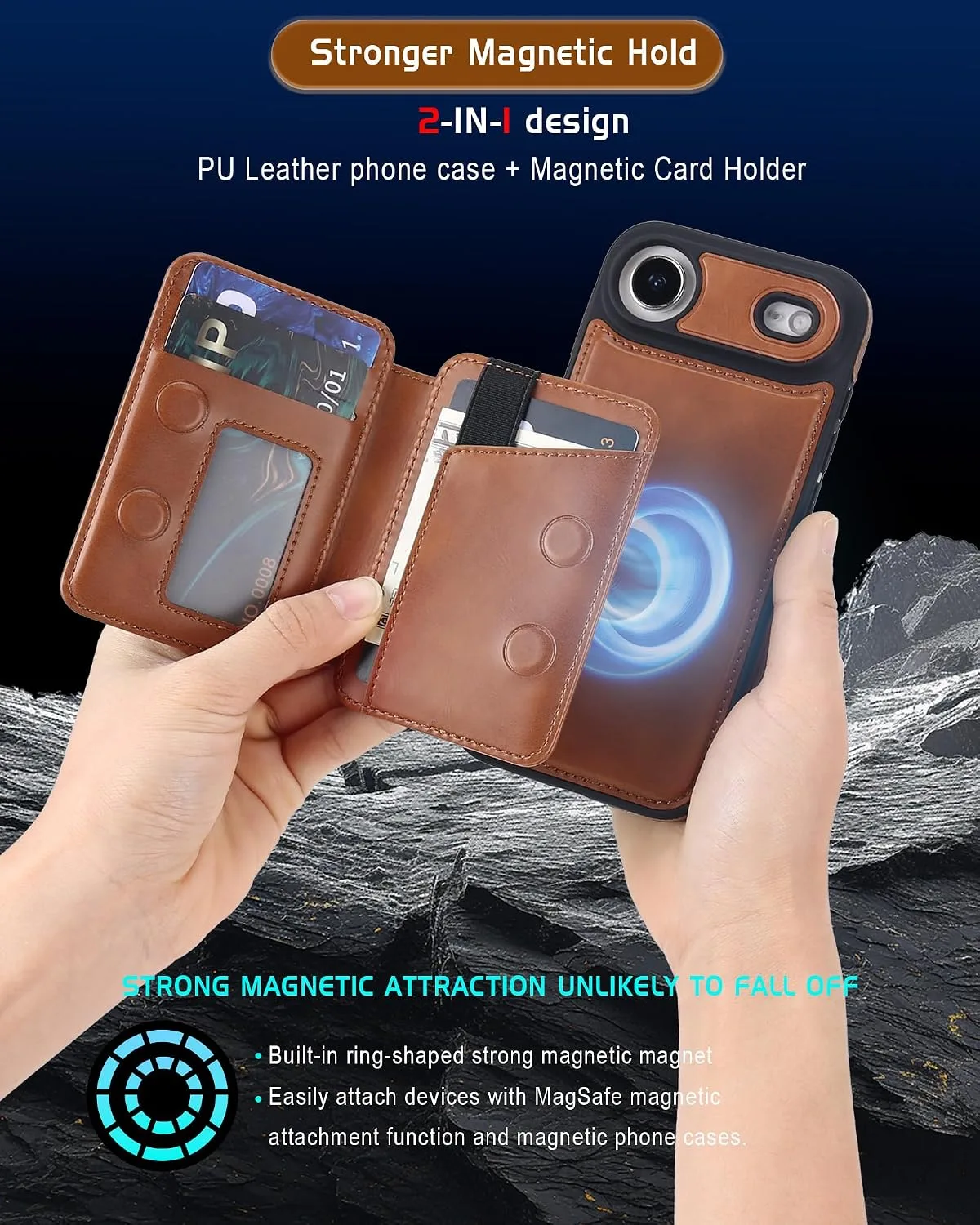 Magnetic Detachable Wallet Case for iPhone 17 Air with Kickstand,2-in-1 MagSafe Compatible RFID Blocking Card Holder,Slim PU Leather Cover Brown
