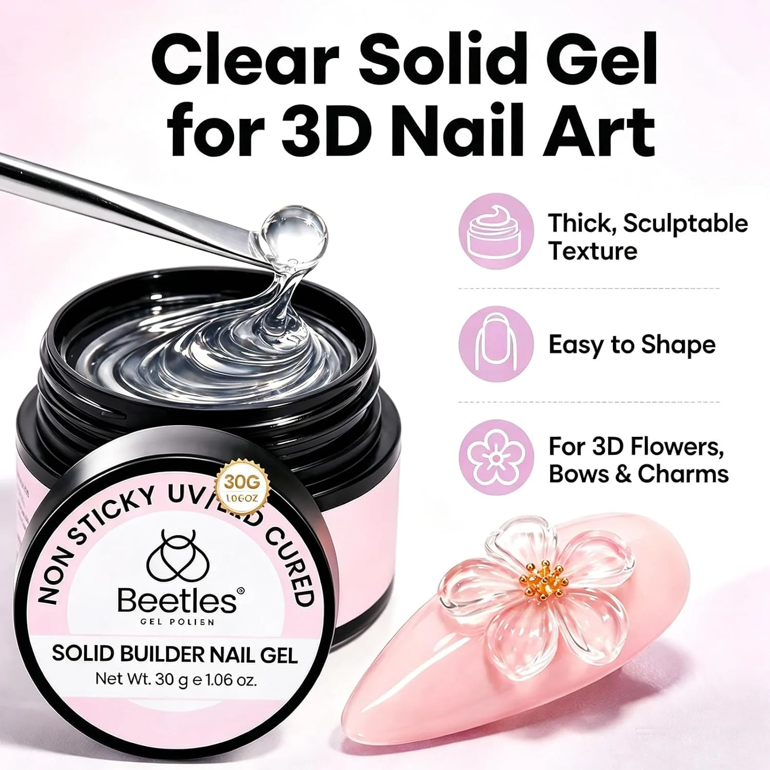 Beetles 3D Gel Nail Art, 30g Clear Solid Builder Nail Gel & Sculpting Pen