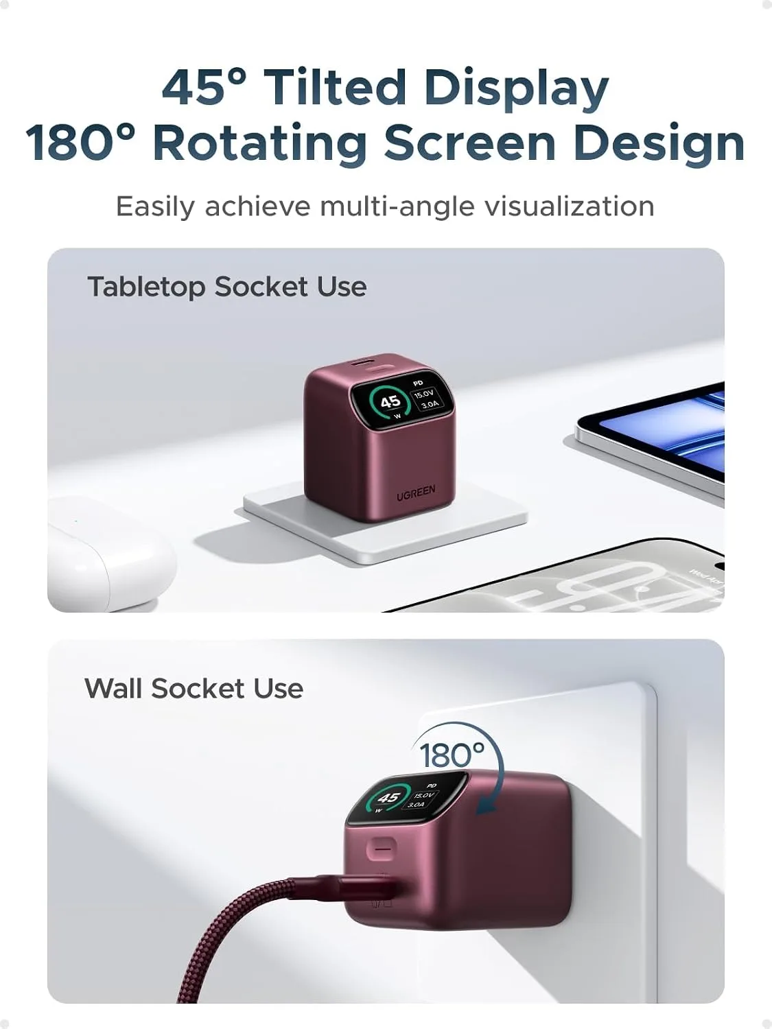 UGREEN Nexode Pro 45W USB‑C GaN Charger Block Smart Display, Burgundy