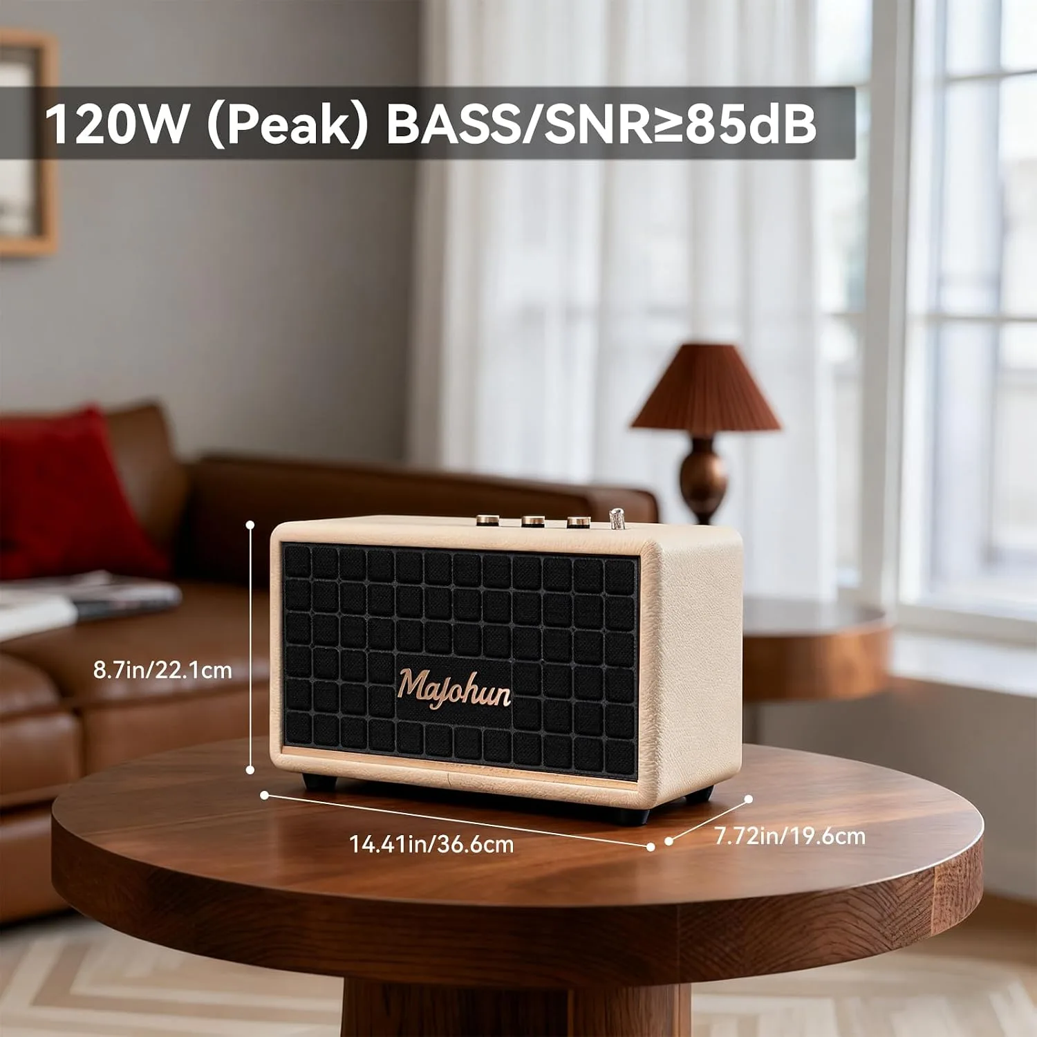 120W Peak Vintage Wood Bluetooth 5.4 Speaker, TWS Stereo Loud Stereo Sound with Bass and Treble Controls | Plug-in Powered | 3.5mm Aux Input(White)