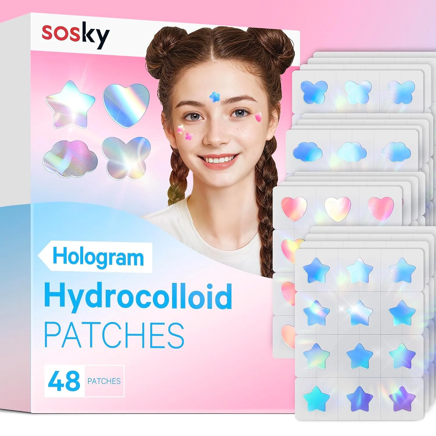 Sosky Hologram Pimple Patches for Face, Hydrocolloid Acne Patches with Salicylic Acid, Cute Star Zit Stickers,Colorful Blemish Covers,48 Count Blue Pink Star Heart Cloud Butterfly