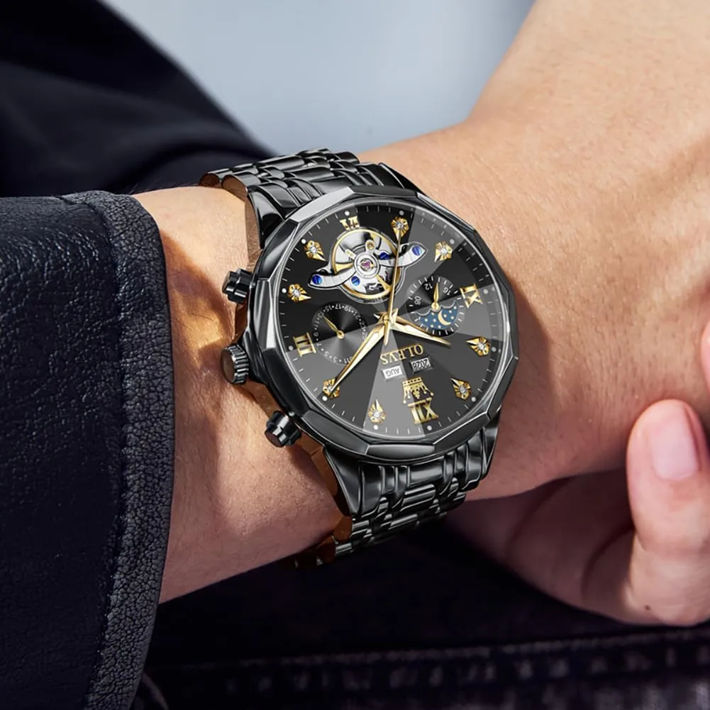 OLEVS Skeleton Men Watches Automatic Business Luxury Diamond Self Winding Watch for Men Stainless Steel Calendar Wrist Watch
