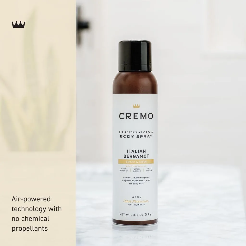 Cremo Deodorizing Body Spray for Men, Italian Bergamot, 3.5 Fl OZ