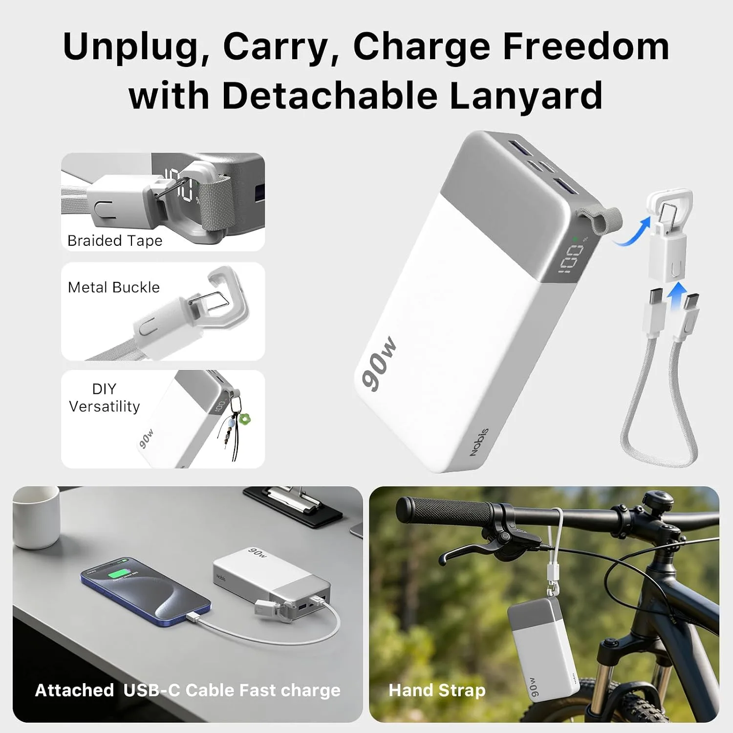 NOBIS 90W Portable Charger 20000mAh Power Bank with Detachable C-Cable