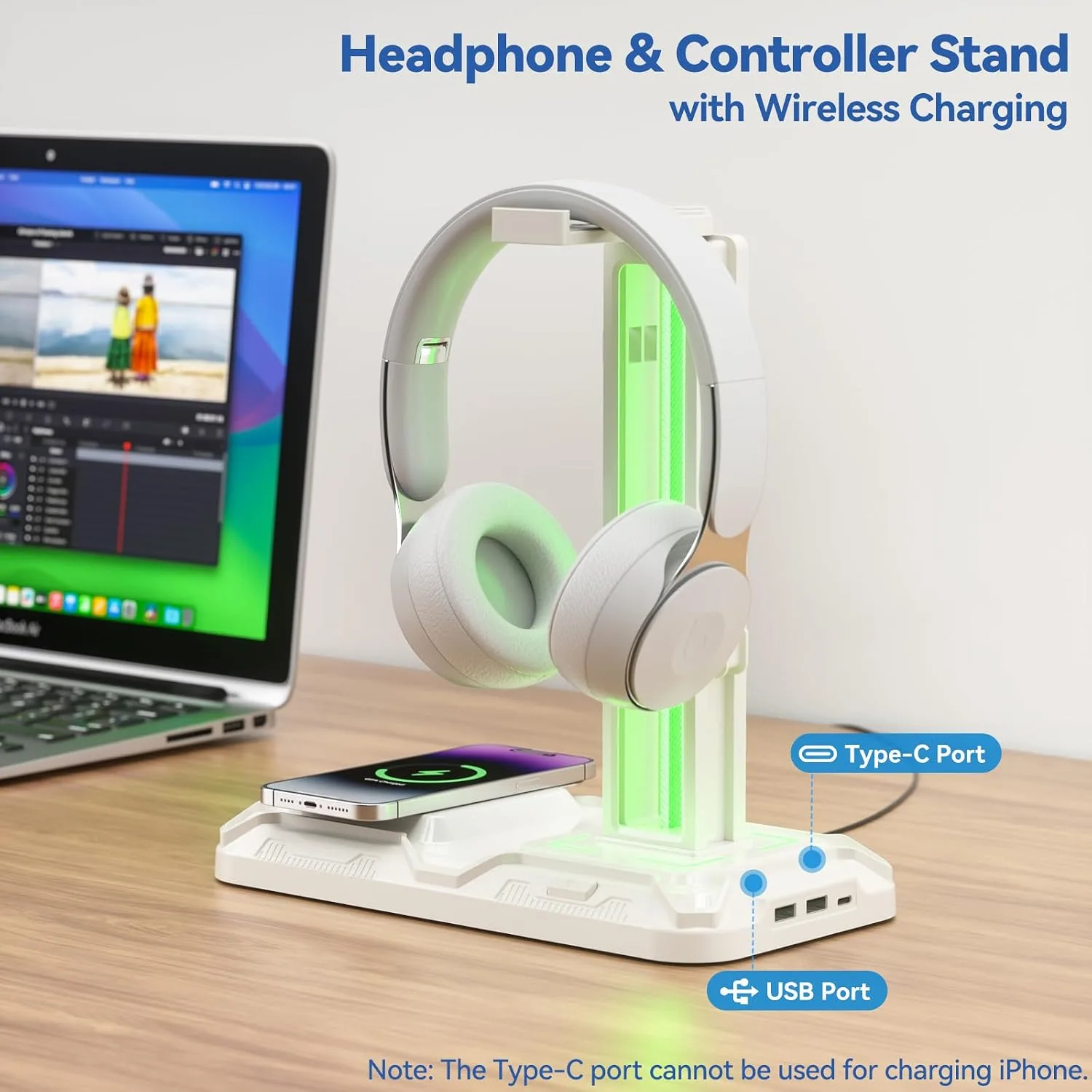 KDD RGB Headphone & Controller Stand with Wireless Charging - Rotatable Headset Stand with 9 Light Modes - Controller Holder with 2 USB and Type C Ports - for Gamers Desktop Accessories(White)