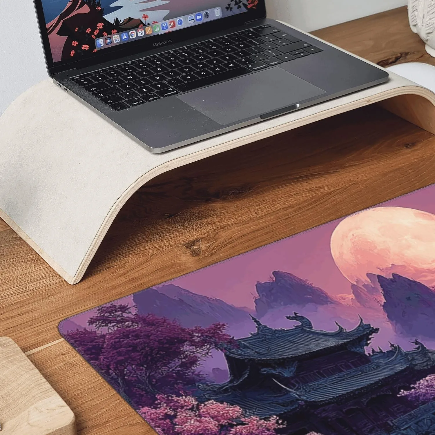 Large Gaming Desk Mat, Fantasy Japanese Temple Design, Purple, 35.4" x 15.7", Non-Slip Rubber Base, Stitched Edges