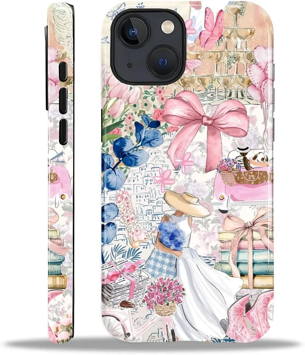 DAIZAG Case for iPhone 13/14,Mixed 2 Layer Design Shockproof Soft TPU Ddouble Protection Phone Case for iPhone 13/14-Magazine Books Flower Bow Collage