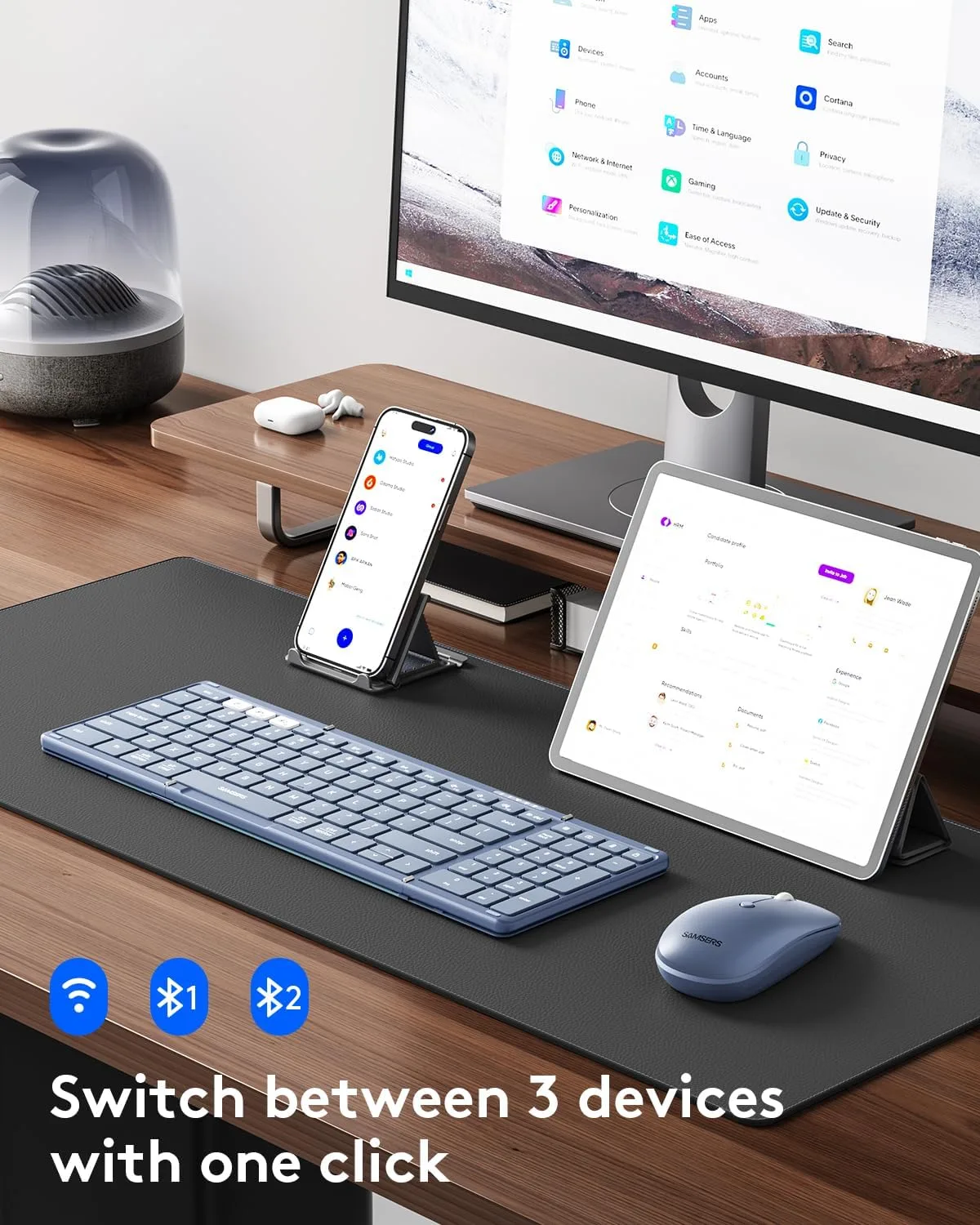 Foldable Keyboard and Mouse, Samsers Folding Bluetooth Keyboard Combo, 2.4G + BT5.0 x 2, Full-Size Portable Travel Keyboard & Rechargeable Wireless Mouse for Windows Android iOS Mac OS, Young Blue