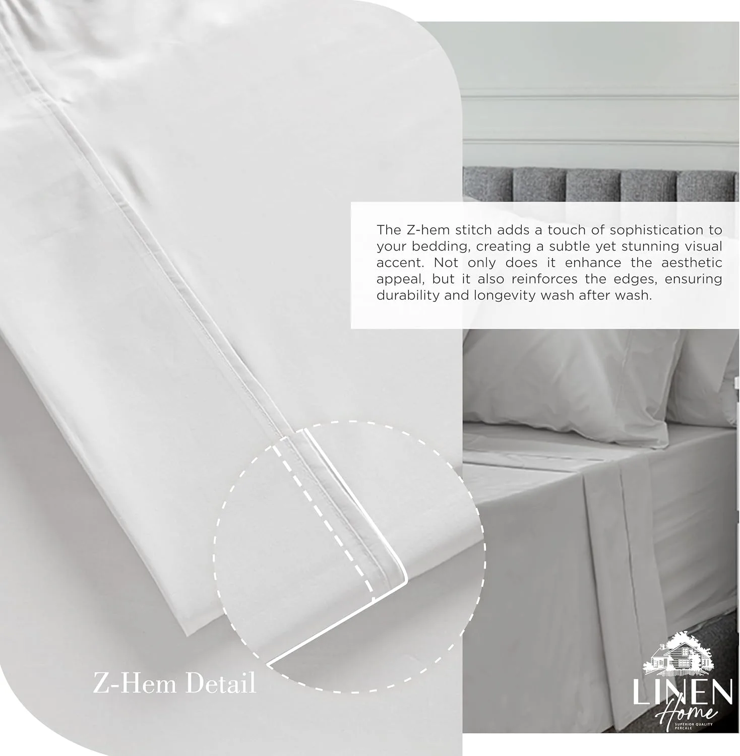 Linen Home 100% Cotton Percale King Sheets, 4 Pc Cooling Set - Silver