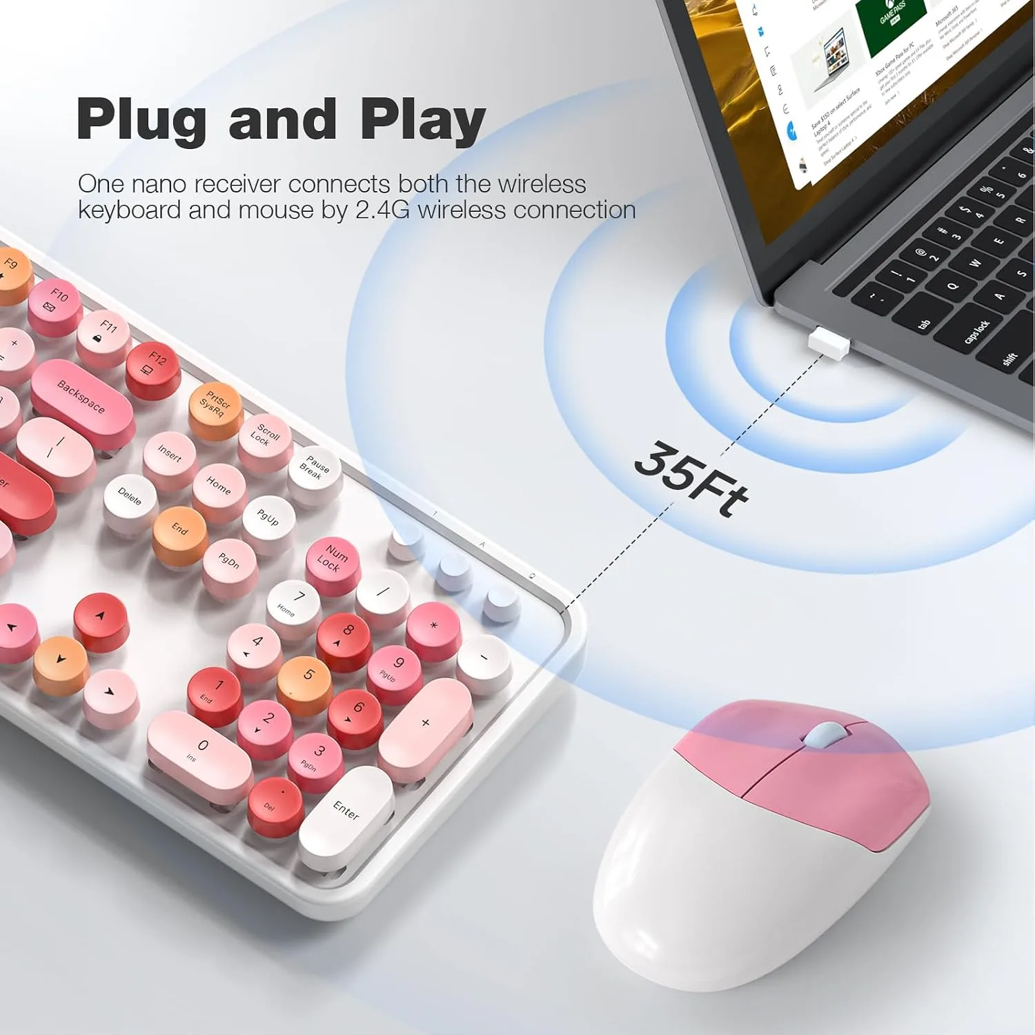 MOFII Wireless Keyboard and Mouse Combo,2.4GHz Retro Full-Size Wireless Keyboard with Number Pad and Cute Wireless Mouse for Computer PC Desktops Laptop WindowsxP/7/8/10 (Lipstick Colorful)