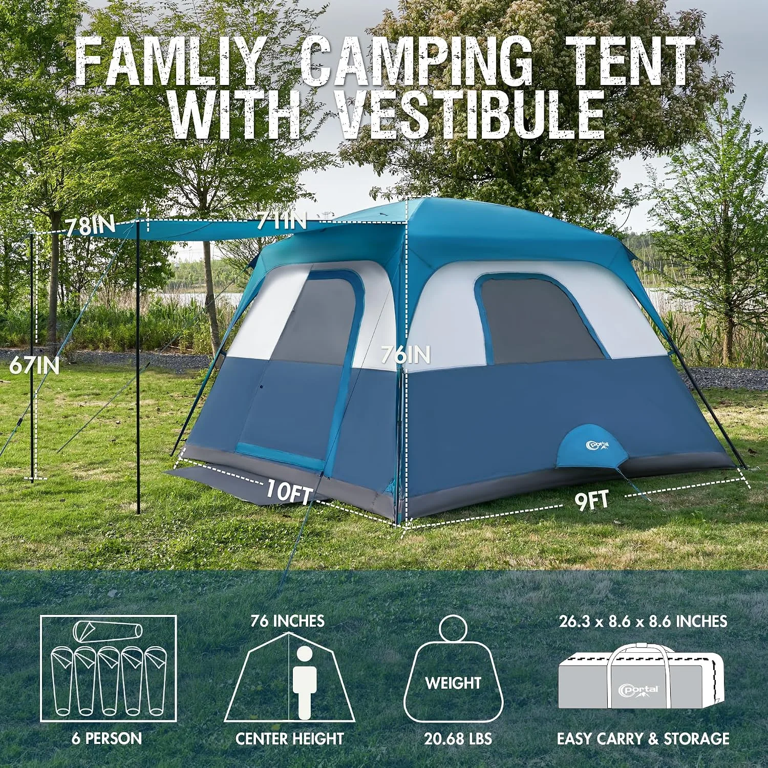 Portal Camping Tent, 6 Person Instant Cabin Tent with Rainfly, Large Mesh Windows & Upgraded Ventilation, Portable Big Tents with Carry Bag for Family Outdoor, Backpacking, Hiking