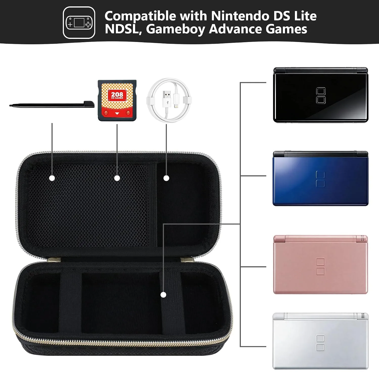Supmay Hard Carrying Case Compatible with Nintendo DS Lite NDSL, Gameboy Advance Games Storage Holder Travel Bag with Mesh Pocket for USB Charging Cable, Stylus, Earphones, Game Cartridge, Black