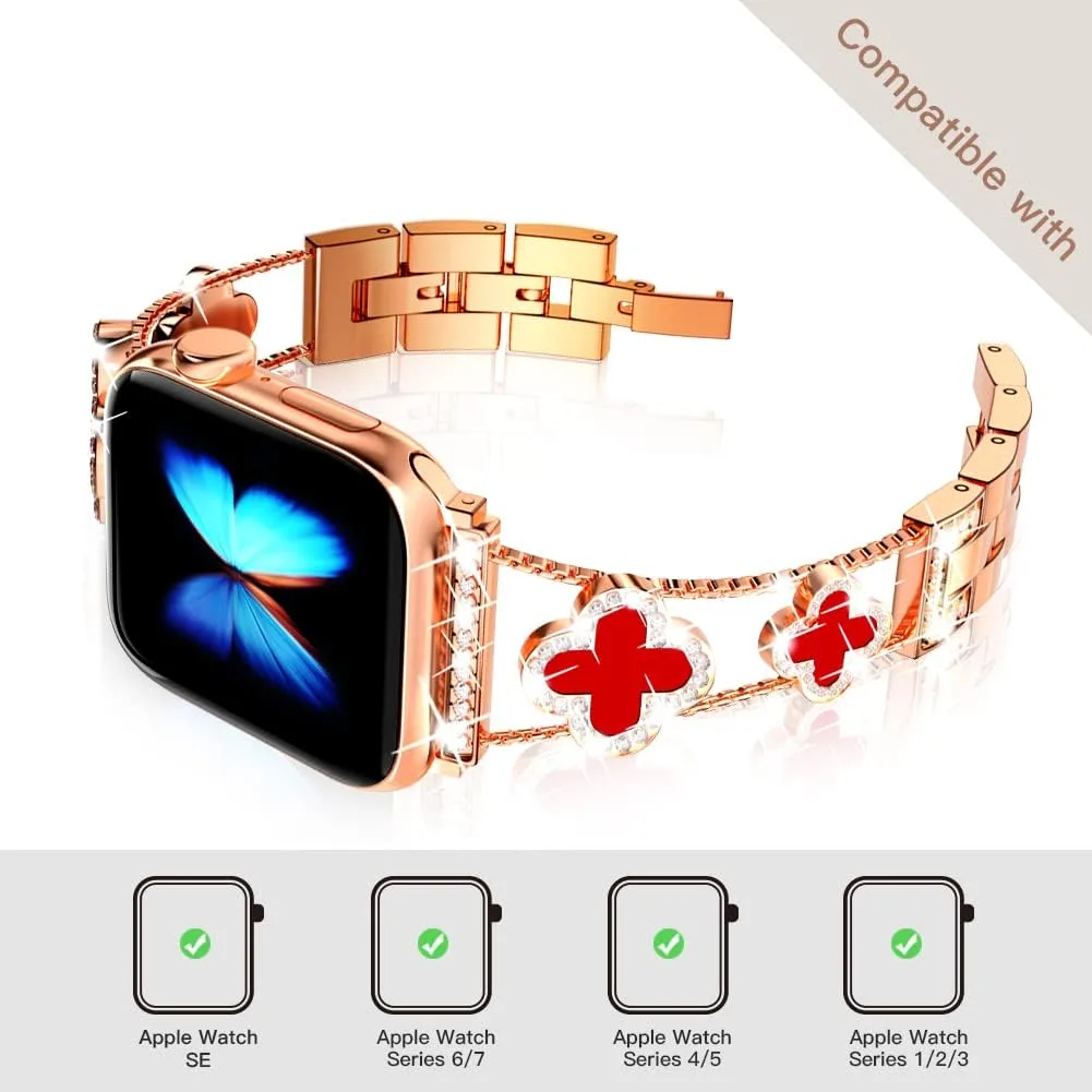 Musk-MSKR Diamond Metal Bands Add Sparkle to Your Watch For Apple Watch Series 12/11/10/9/8/7/6/5/4/3/2/SE/Ultra Clover Simple and Stylish Compatible with 38mm40mm41mm42mm44mm45mm 46mm49mm Women's Wear