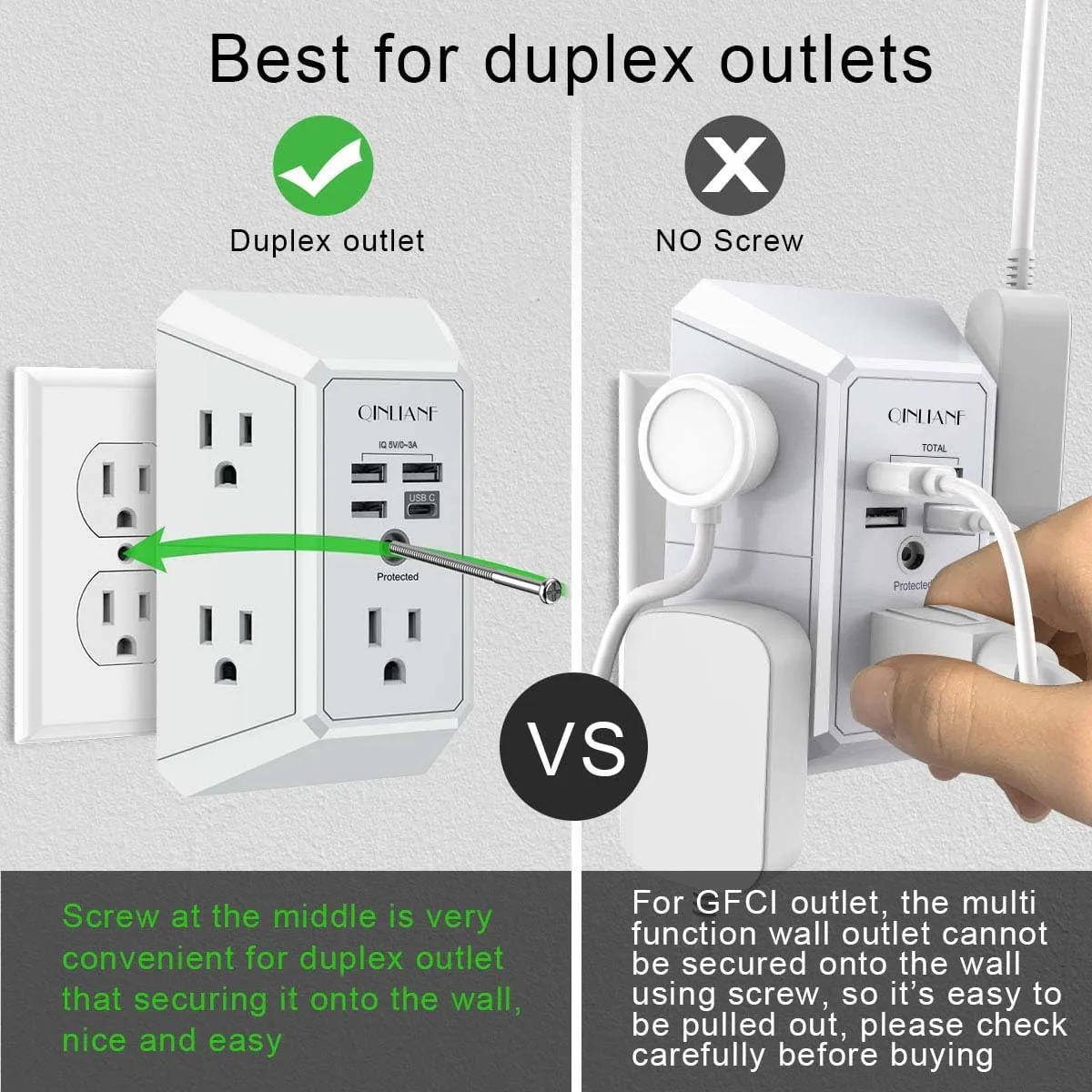 Wall Charger, Surge Protector, QINLIANF 5 Outlet Extender with 4 USB Ports