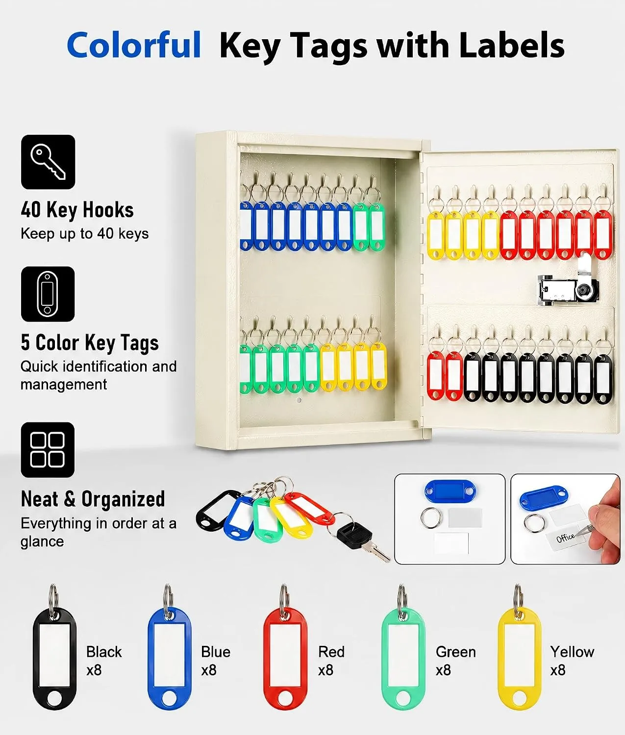 KYODOLED Key Box, 40-Key Lock Box with Combination Lock, Wall Mount, White
