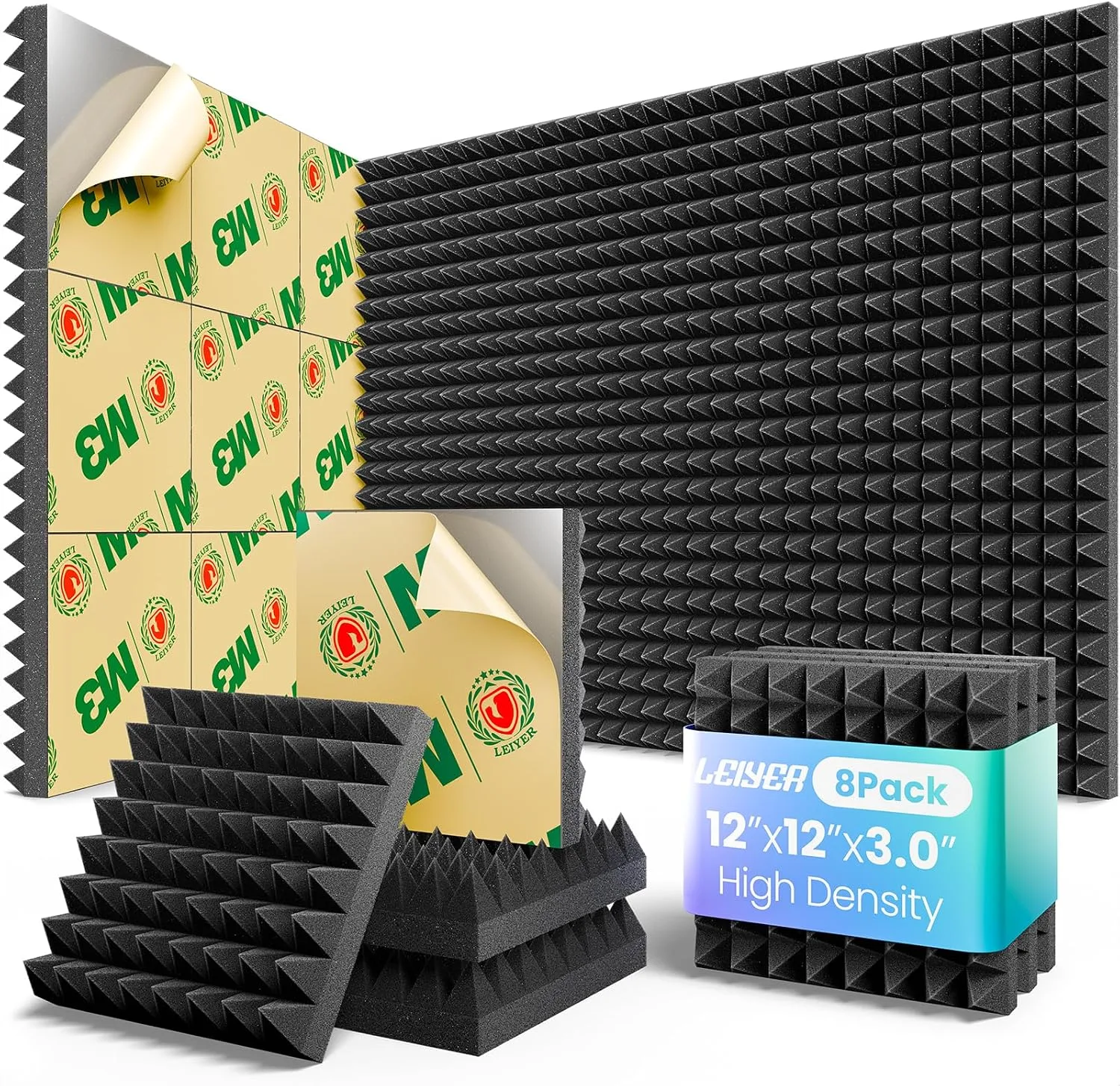 Acoustic Panels 8 pack Self-Adhesive 3"X12"X12" Quickly-Expand Foam