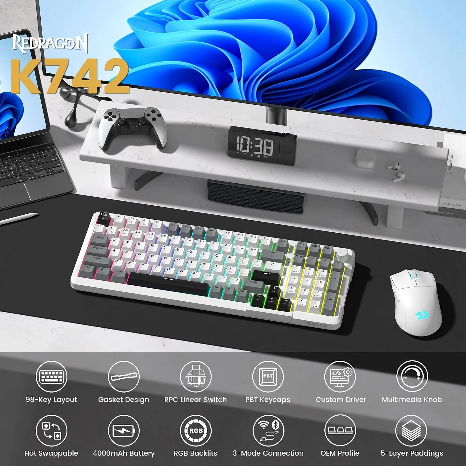 Redragon K742 Wireless Mechanical Gaming Keyboard with Knob, Bluetooth 5.0/2.4GHz/USB C Wired Creamy Keyboard with Number Pad for PC Computer, RGB Backlits, Hot-Swappable with Linear Switches (White)