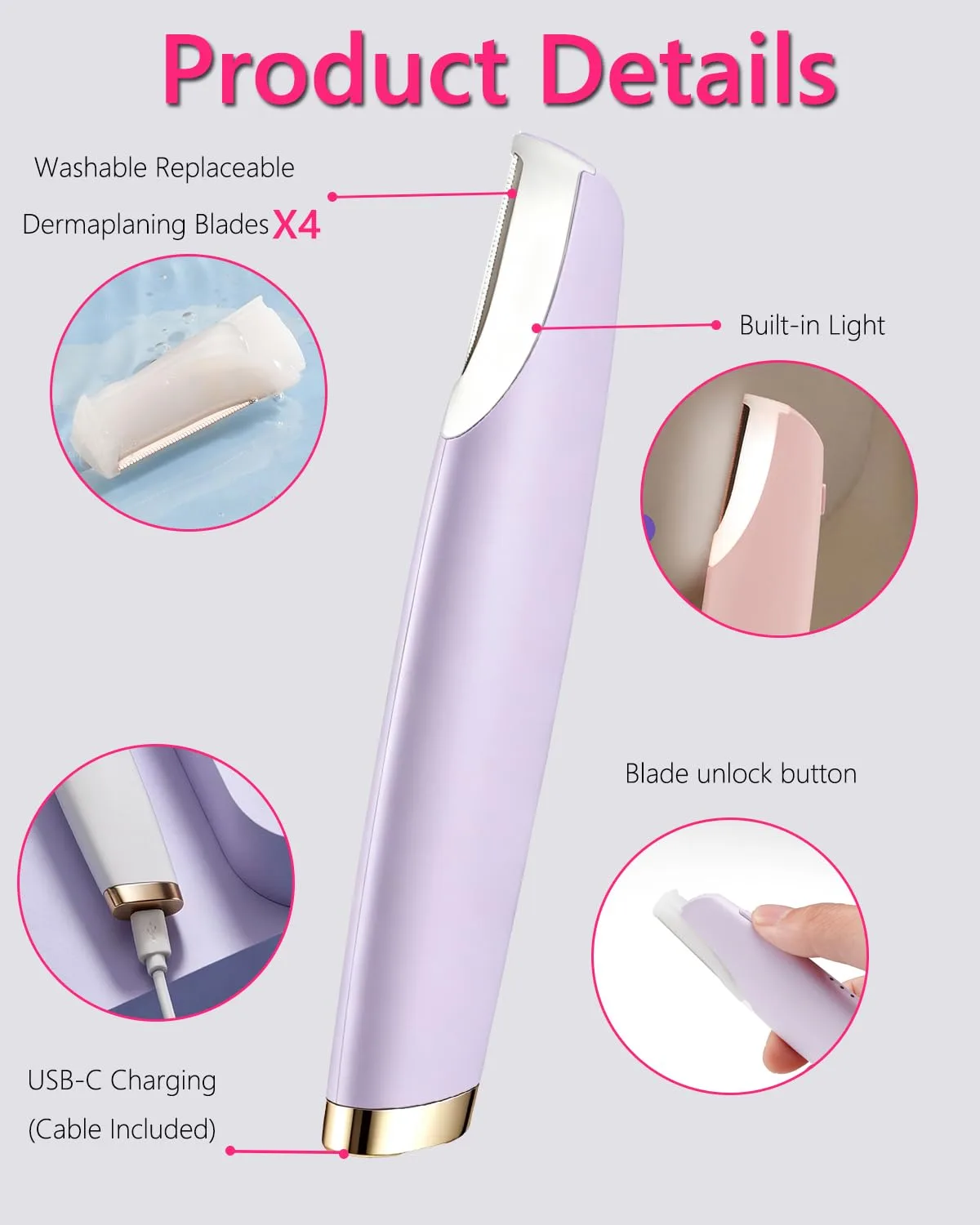 Dermaplane Razor for Women Face |Sonic Facial Hair Remover with LED Light, Electric Peach Fuzz Remover & Facial Exfoliation Tool for Smooth-Looking Skin, Eyebrow Grooming, 4 Replacement Blades,Purple