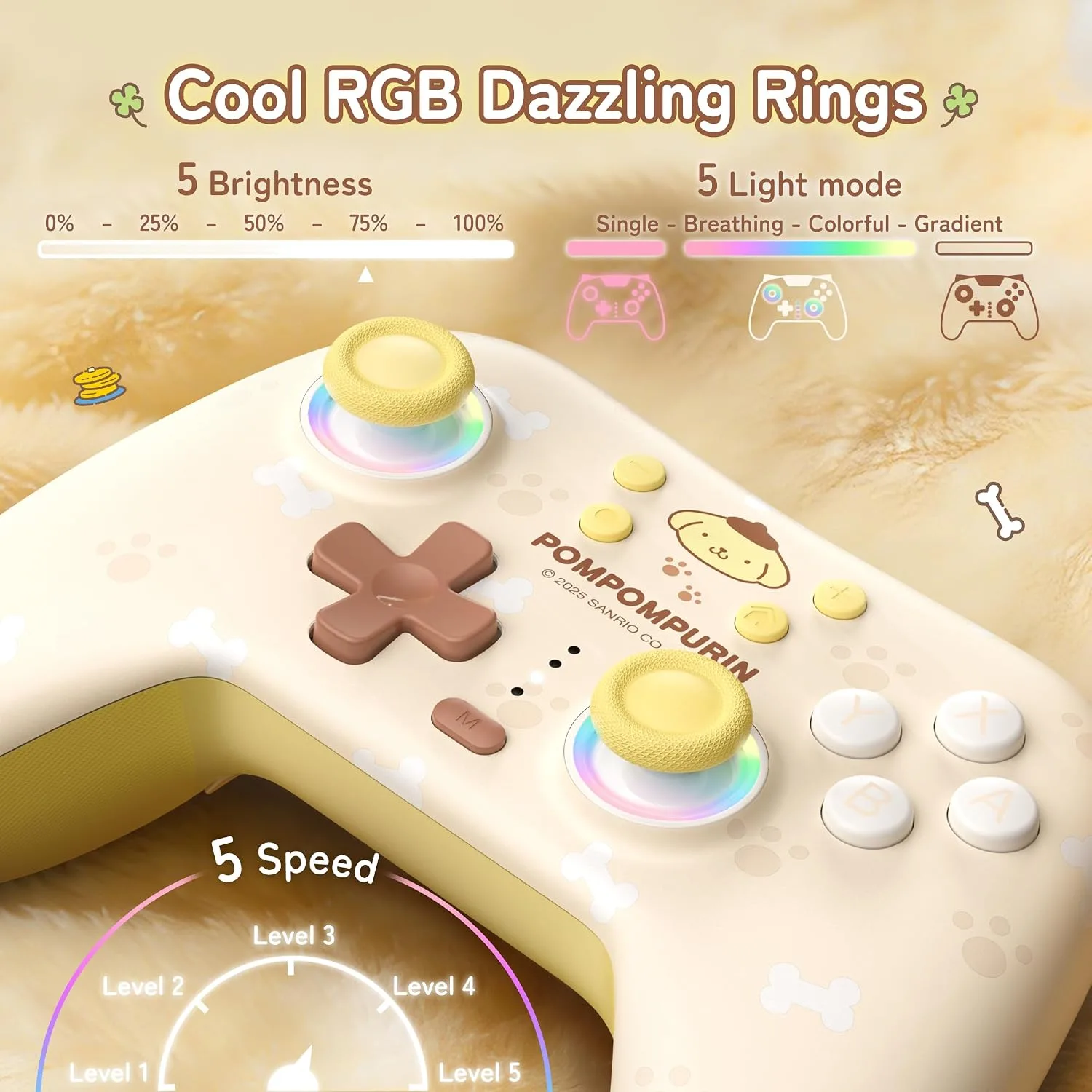 Kuitmor Pompompurin Switch Pro Controller, Cute Hall Effect Wireless Gamepad No Drift for Switch 2/Switch/OLED/Lite, PC/Steam, Android, iOS, Bluetooth + Wired, Turbo, Back Buttons, 6-Aixs Gyro, Wake-up, RGB (Yellow, Without 2.4g Receiver)