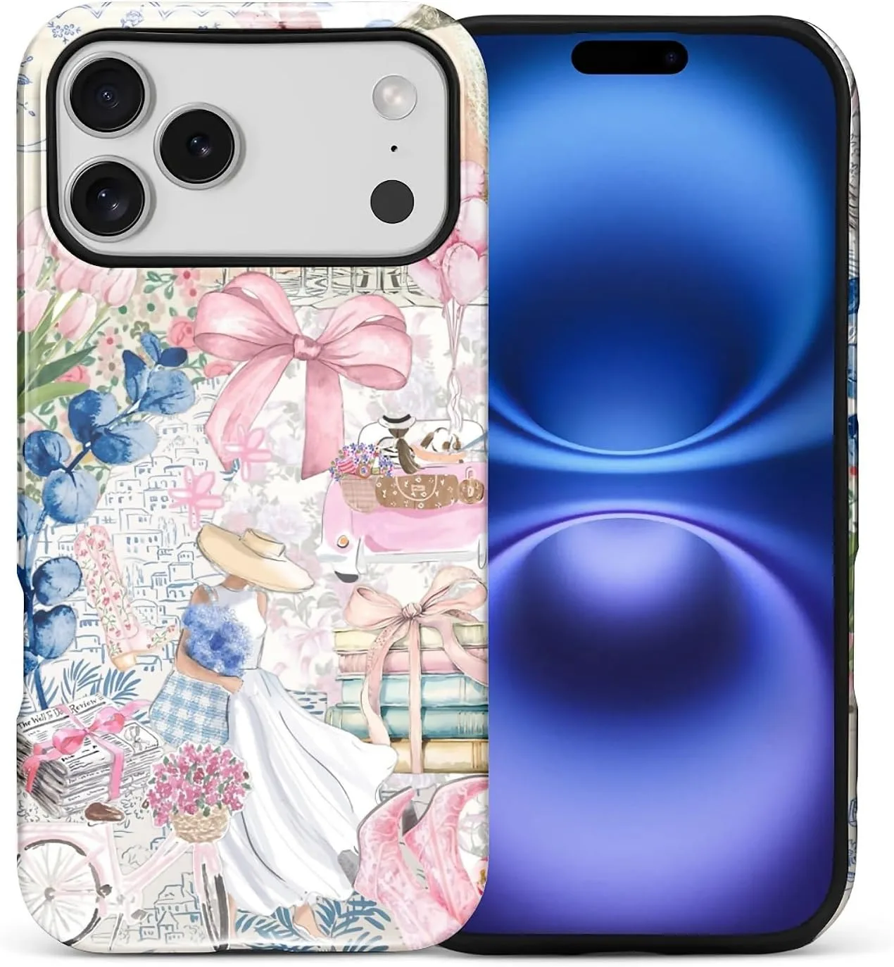 DAIZAG Case for iPhone 17 Pro Max,Mixed 2 Layer Design Shockproof Soft TPU Ddouble Protection Phone Case for iPhone 17 Pro Max-Magazine Books Flower Bow Collage