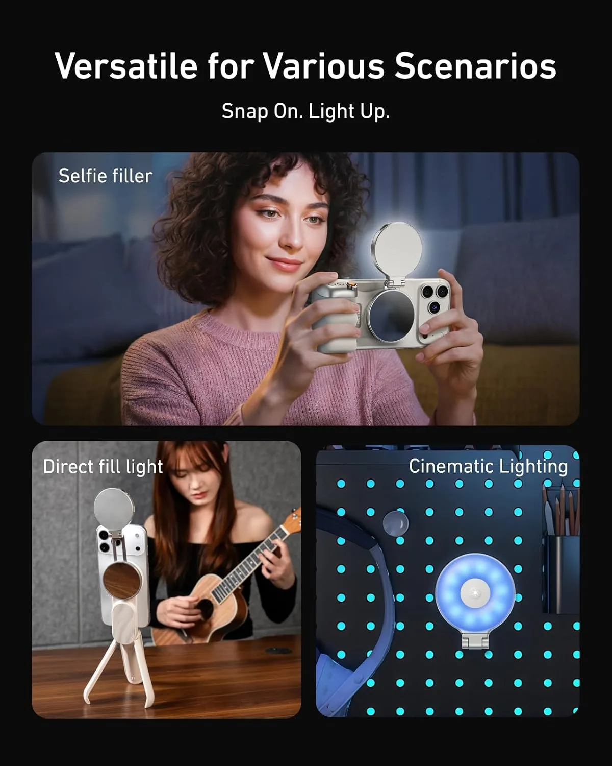 TELESIN 4-in-1 RGB Selfie Light with Mirror for Phone