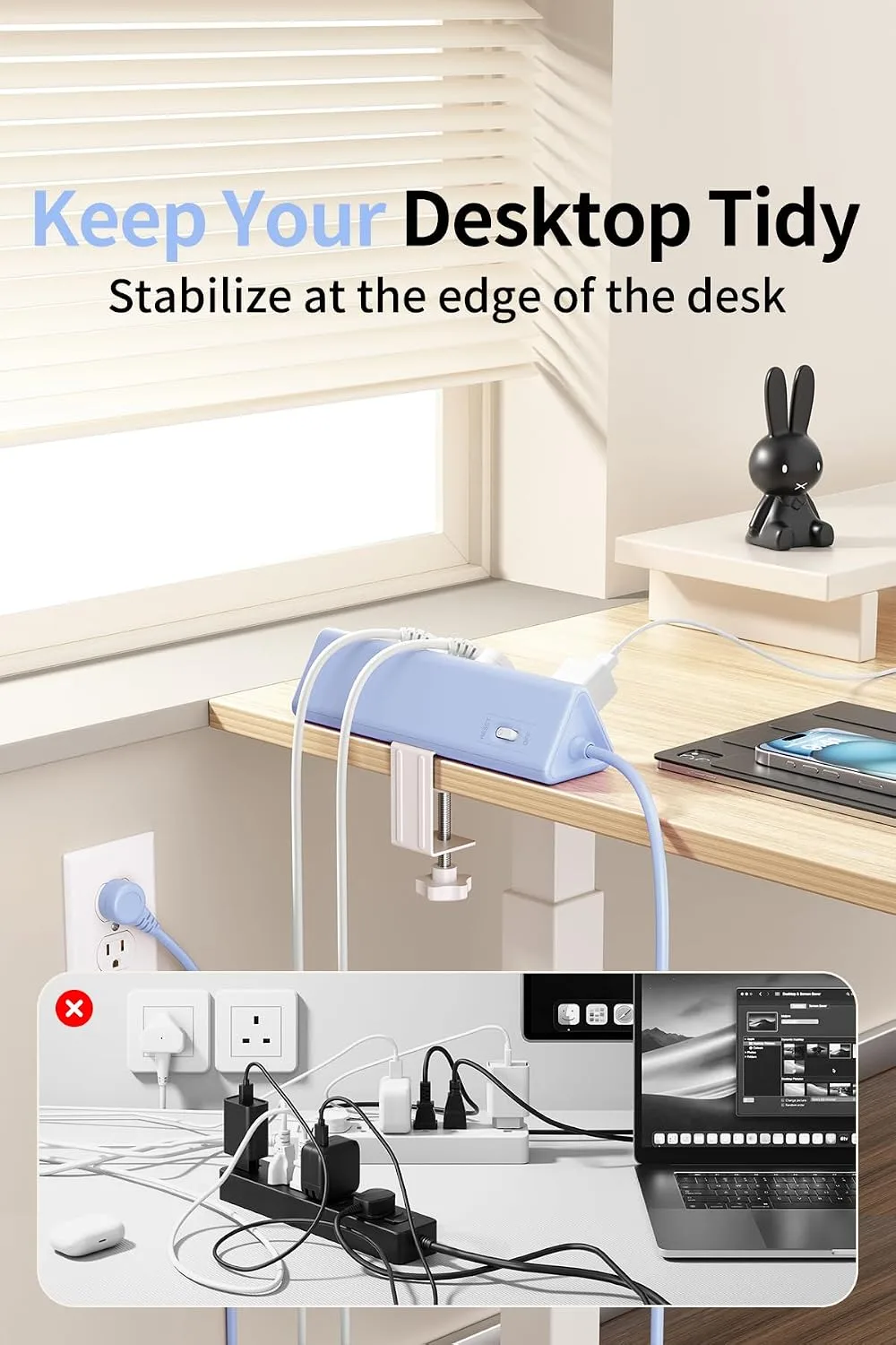 AnnTane Desk Clamp Power Strip USBC, 40W Fast Charging, 6.5 Ft, Blue