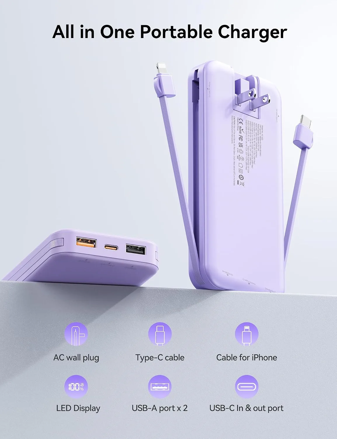 Portable Charger Power Bank 10000mAh with Built in Cables & Wall Plug