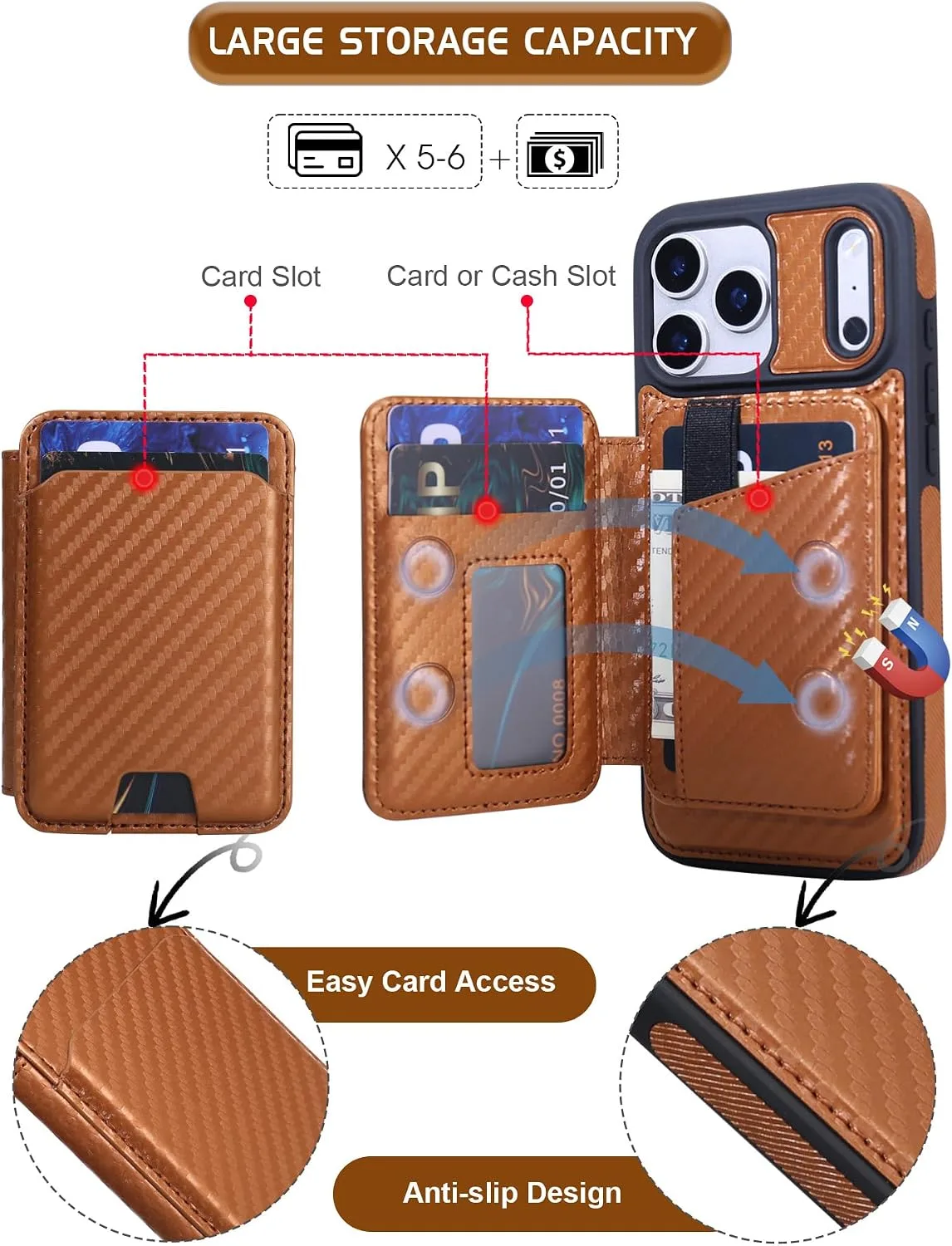 Magnetic Detachable Wallet Case for iPhone 18/17 Pro Max with Kickstand,2-in-1 MagSafe Compatible RFID Blocking Card Holder,Slim PU Leather Cover Vintage Carbon Coffee