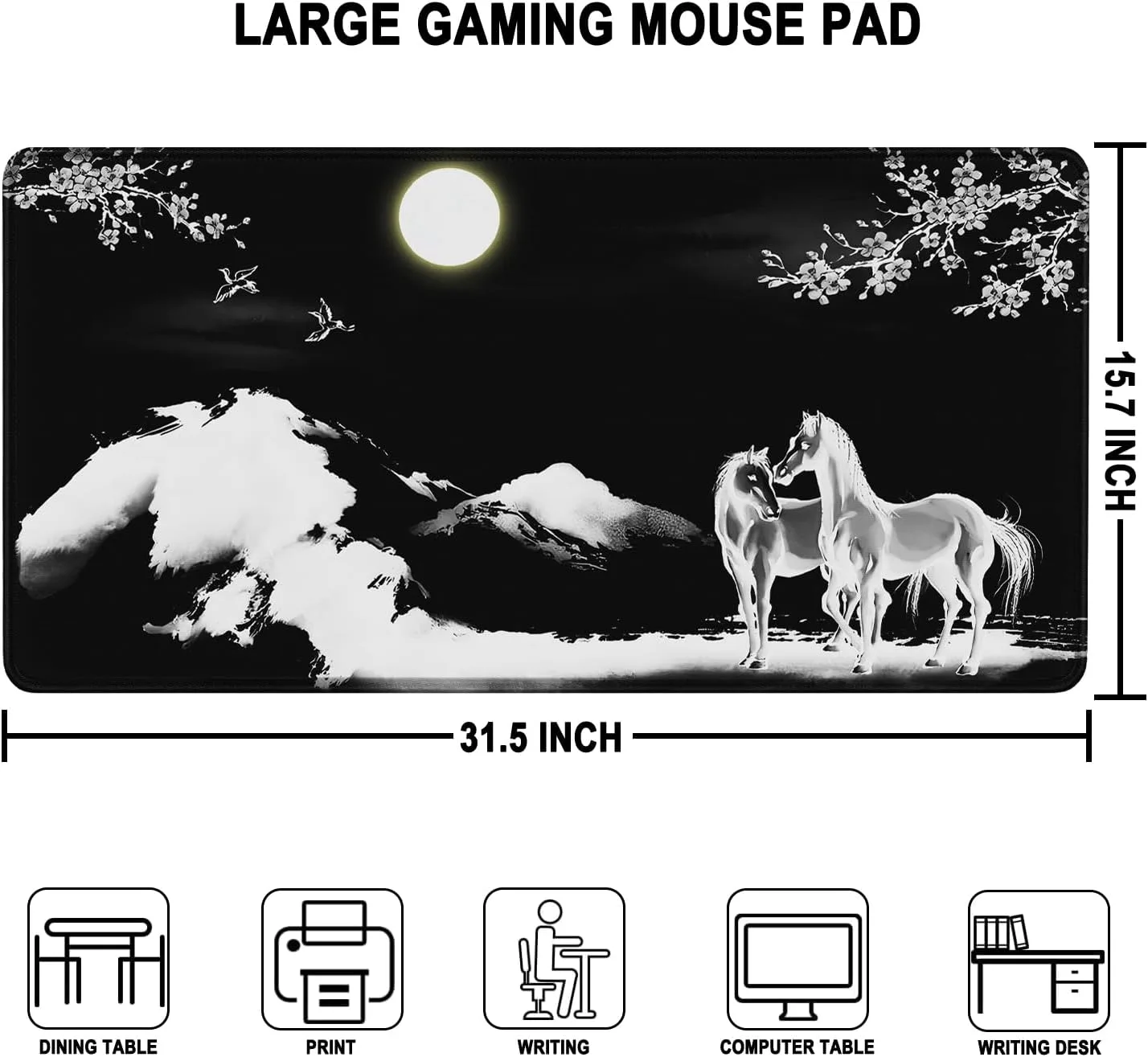 Large Mouse Pad, Waterproof Extra Large Mousepad with Stitched Edges, 31.5" x 15.7" Non-Slip Rubber Base Office Big Long Keyboard Pad for Office Gamer Home XXL, (Horse)