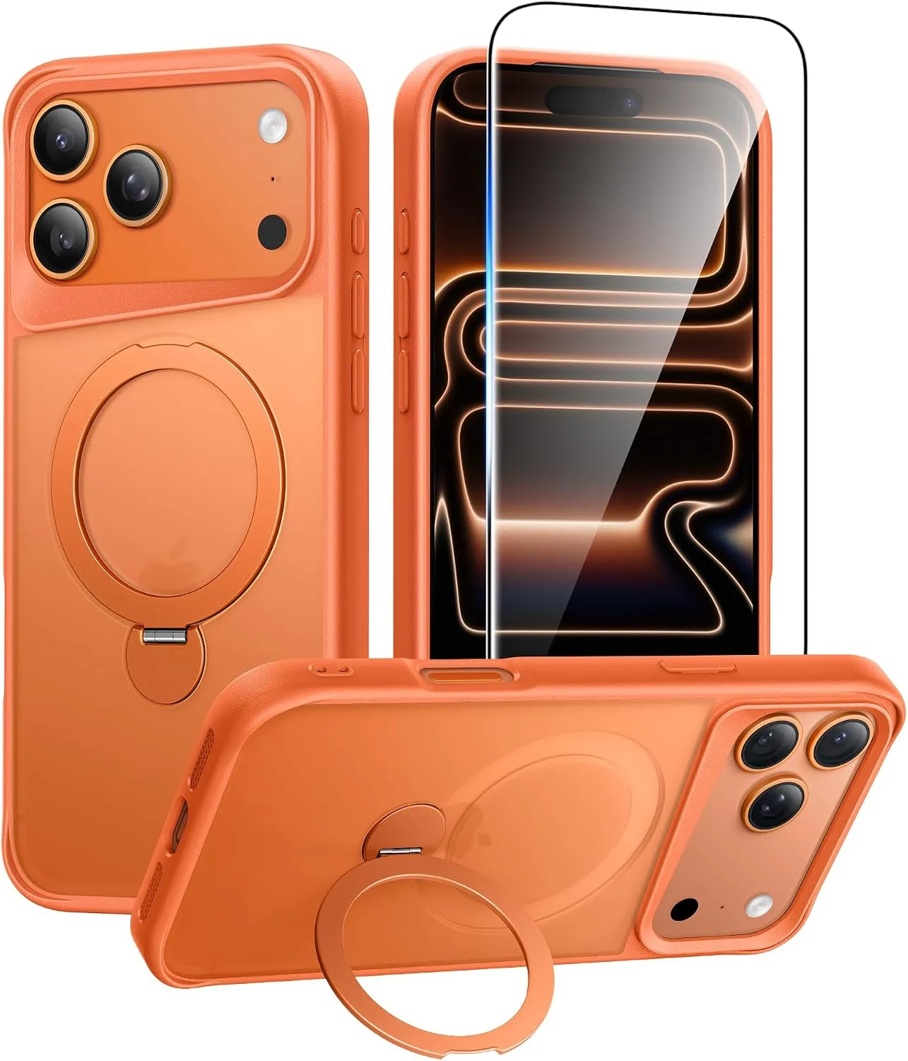 for iPhone 18/17 Pro Max Case with 360 Rotatable Magnetic Invisible Stand, [Screen Protector] Fits for MagSafe, Mil-Grade Shockproof Protective Translucent Matte Phone Cover, 6.9", Orange