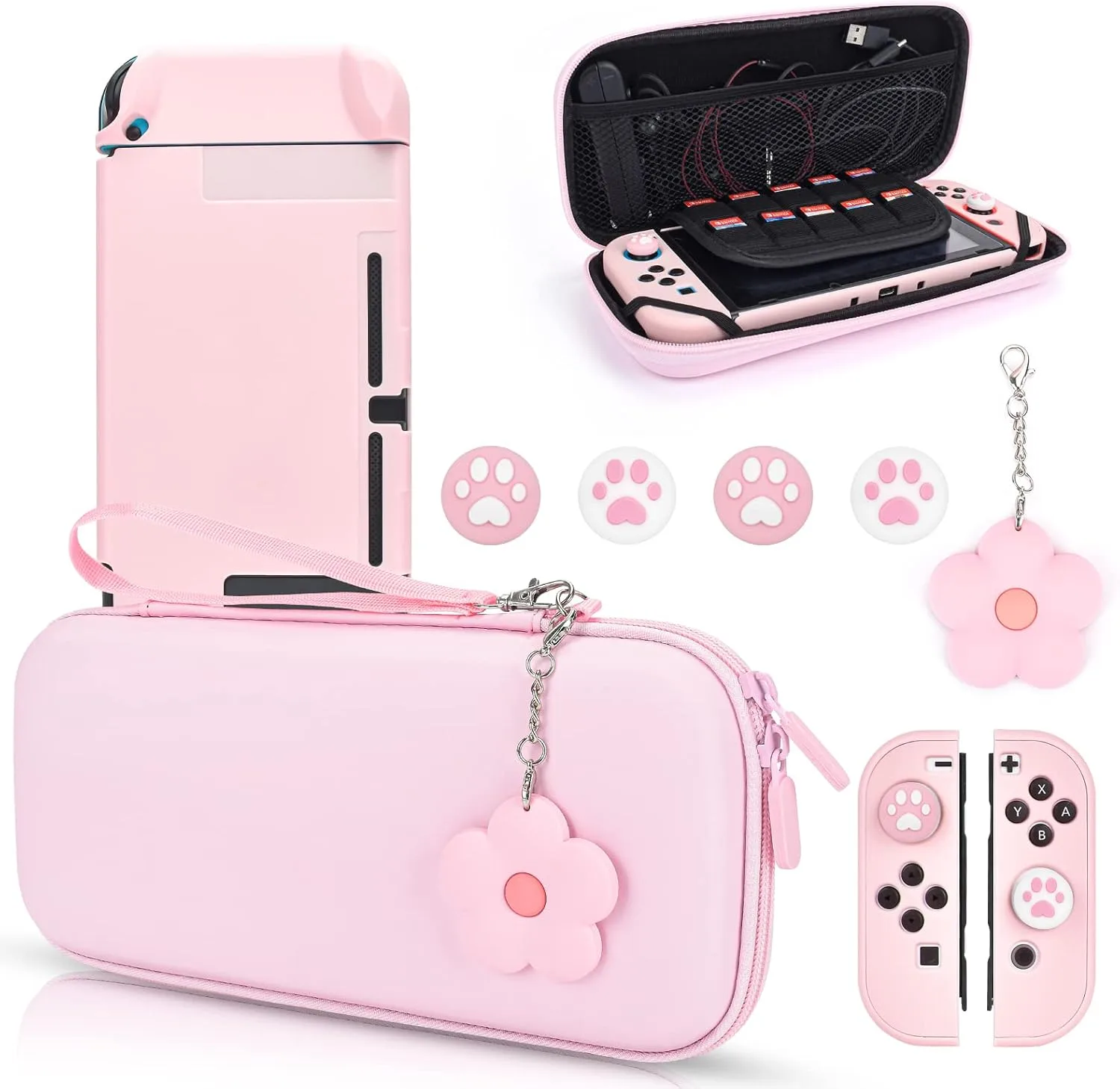 DLseego Pink Switch Case Set Carrying Case with 10 Slots Cute Protective Dockable Hard Shell with 4PCS Lovely Cat Paw Thumb Grips Caps and 1PC Flower Blossom Chain for Switch 2017 Version