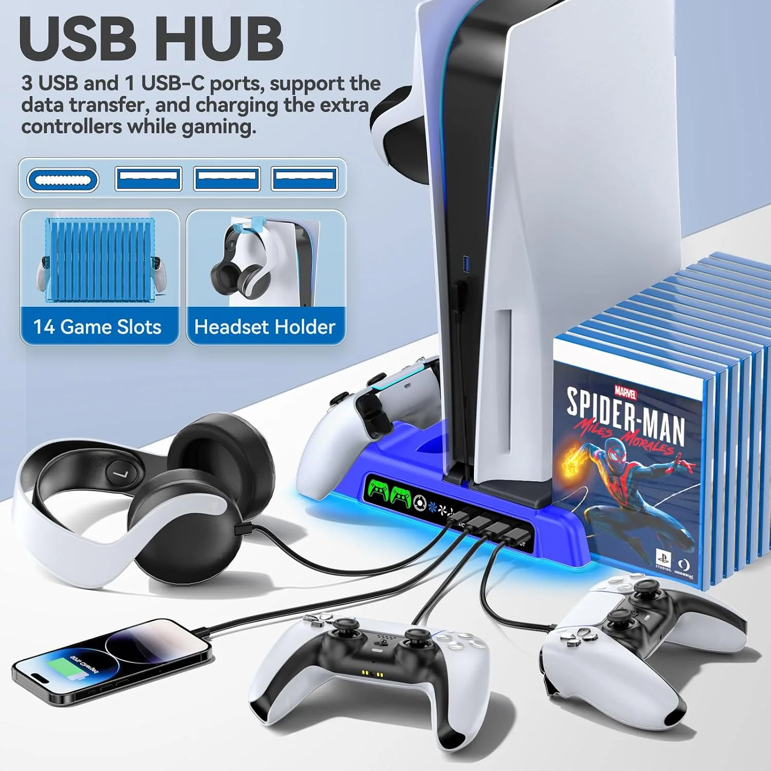 PS5/Slim/Pro Stand and Cooling Station with LED Controller Charging Station for PlayStation 5 Console, Controller Charger, Cooling Stand, PS5/Slim/Pro Skin Accessories Kit with 3 Level Cooler Fan