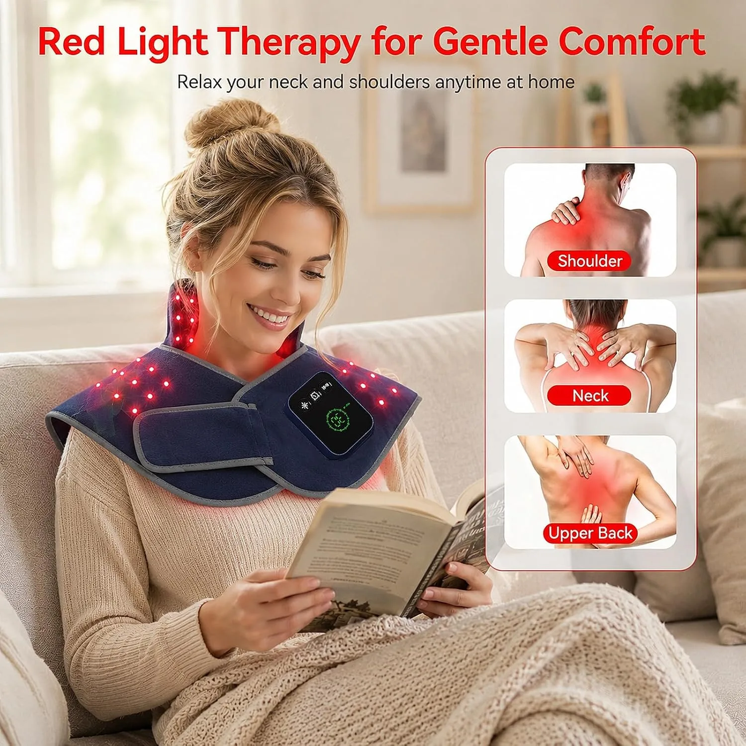 Cordless Red Light Therapy for Neck Shoulders, 660nm & 850nm Infrared Light Therapy Wrap with 5000mAh Rechargeable Battery, Timer, Pulse Modes for Home Office