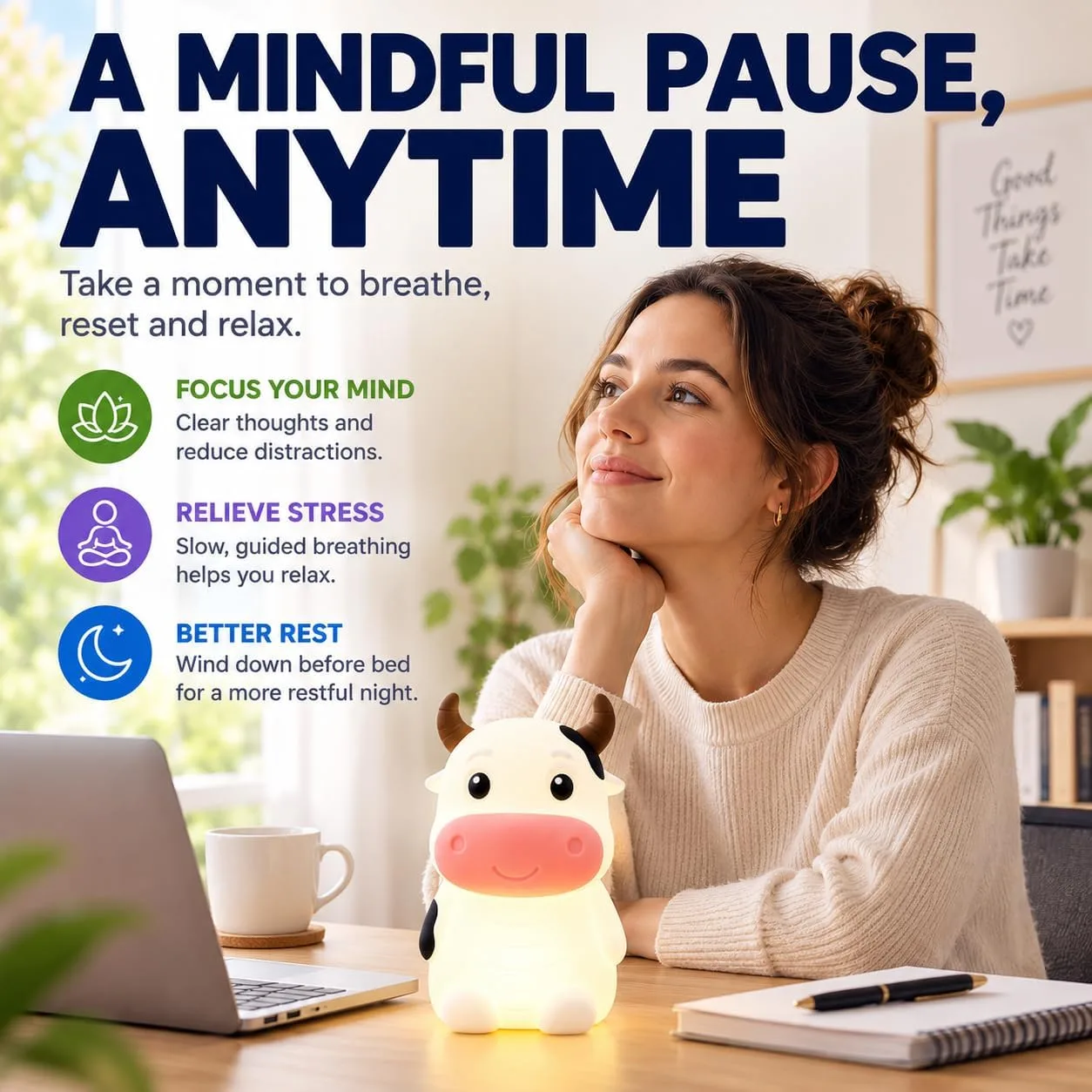 Breathing Loong Guided Visual Breathing Light for Mindfulness Relief | Relaxation Tool | Focus Meditation Device & Calming Night Light | Ideal for All Ages, Home & School Use (Cow)