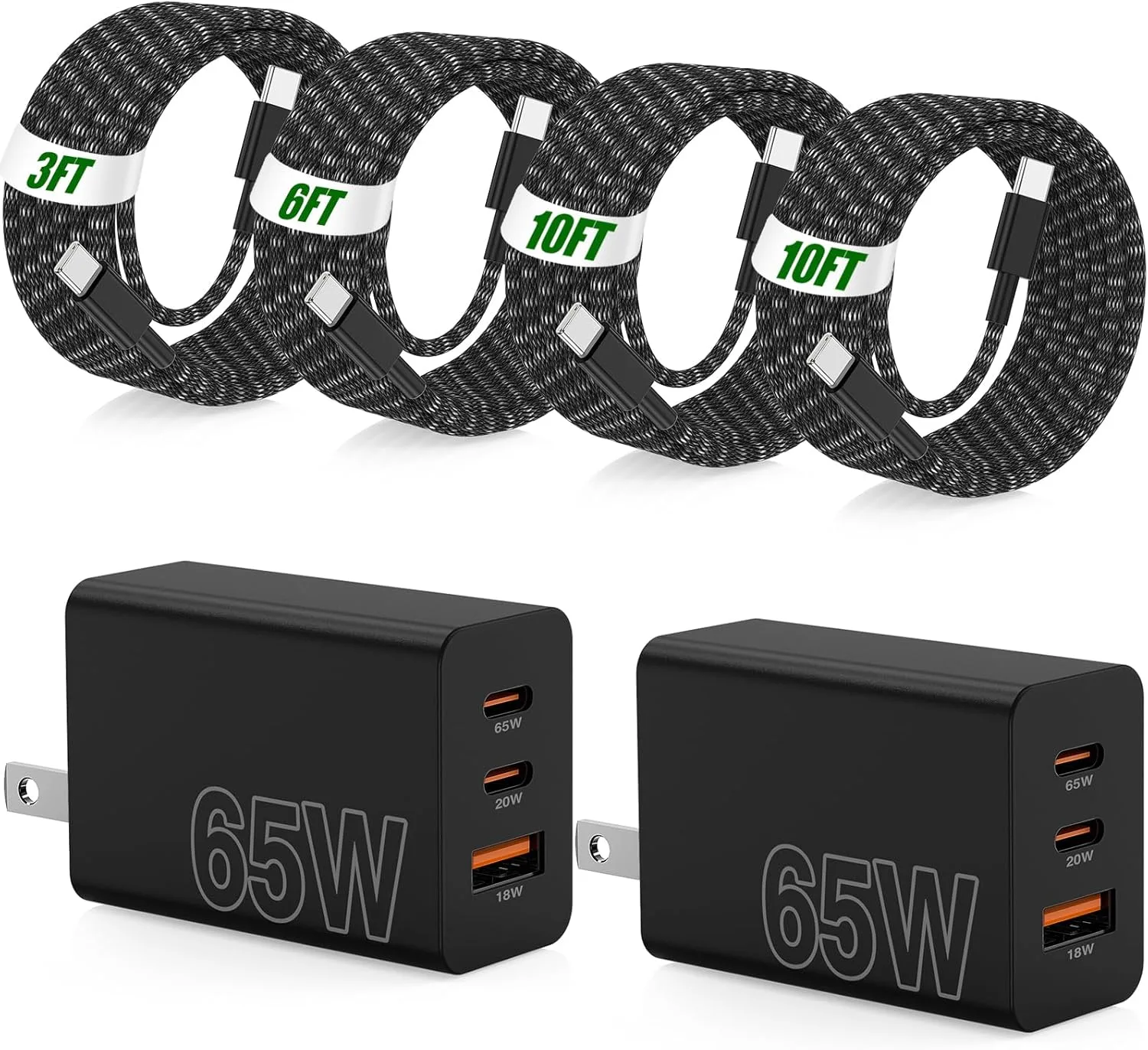 65W Super Fast Charger Type C for Samsung,3 Port 100W PD Quick Charging 3.0 USB C Block & 3/6/10/10FT Braided Type C Cord for Samsung Galaxy S26 Ultra/S26/S25 Ultra/iPhone 17 18 Pro/MacBook Pro/Air