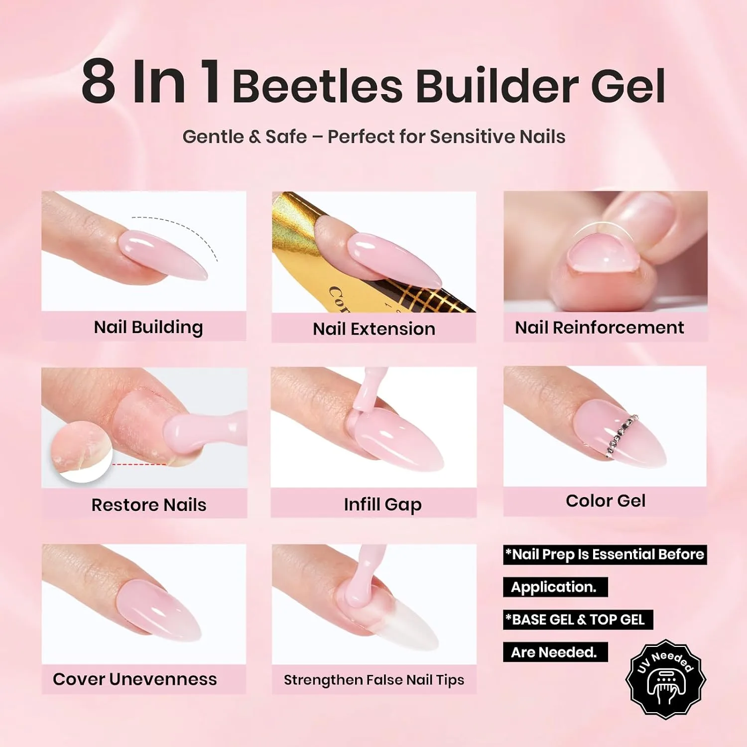 Beetles Builder Gel Set HEMA-Free, 6 Colors 8 in 1 Nude Builder Nail Gel