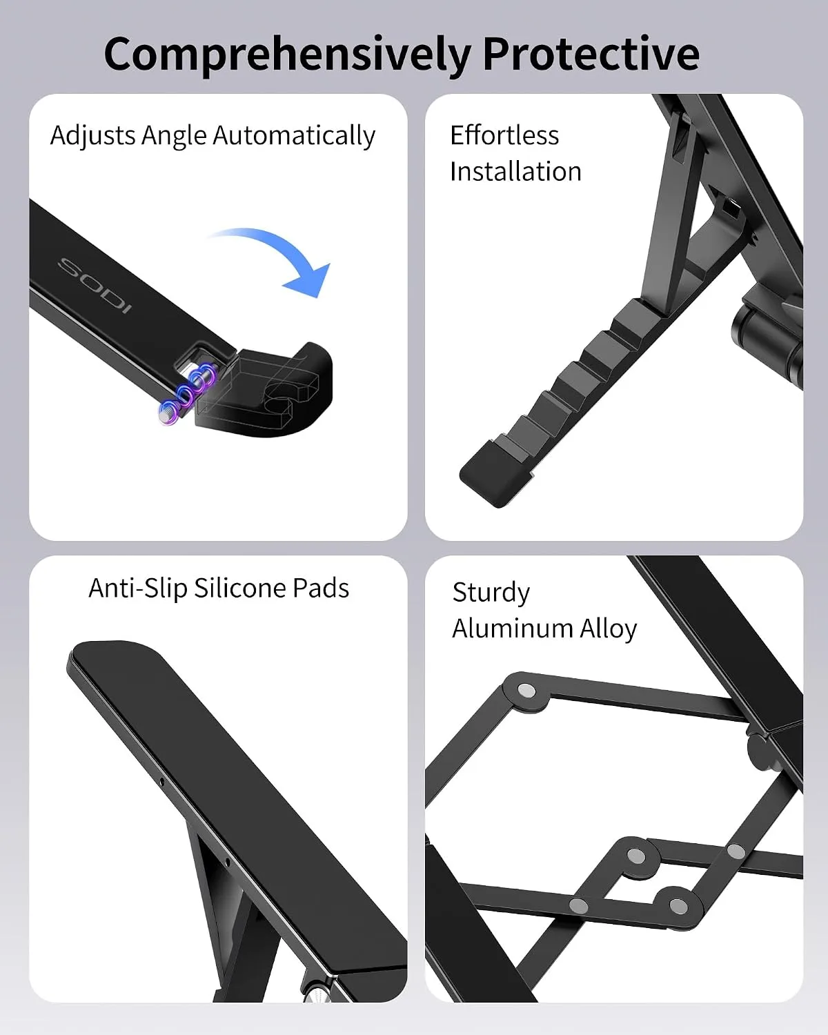 SODI 2025 Foldable Laptop Stand for Desk - Bi-fold Ergonomic Spring Adjustable Computer Holder, 3 in 1 Metal Portable Laptop Stand for Notebook, Phone, Tablet,10-16", Desk & Travel Use